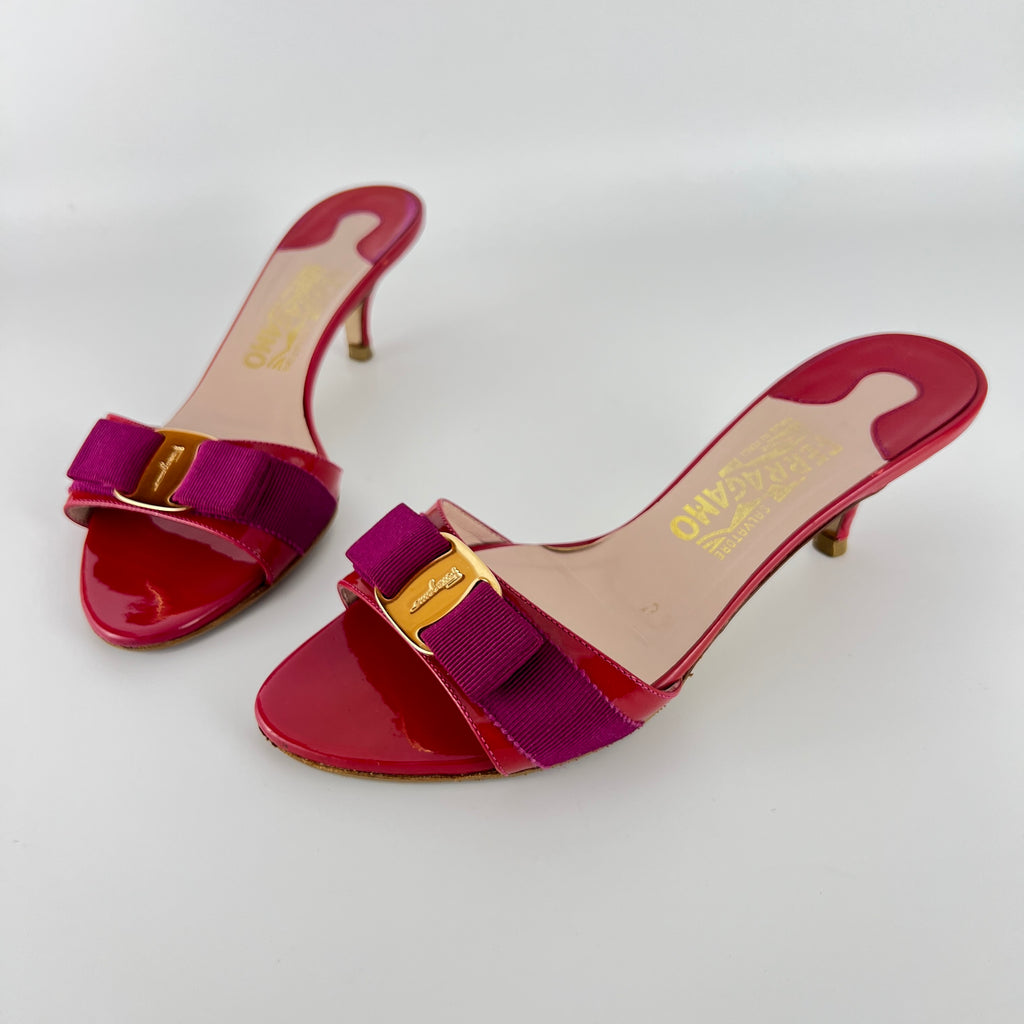 Ferragamo | Vara Bow Pink Patent Leather Fuchsia Gold Slide Sandal Mules (6.5 , 36.5)