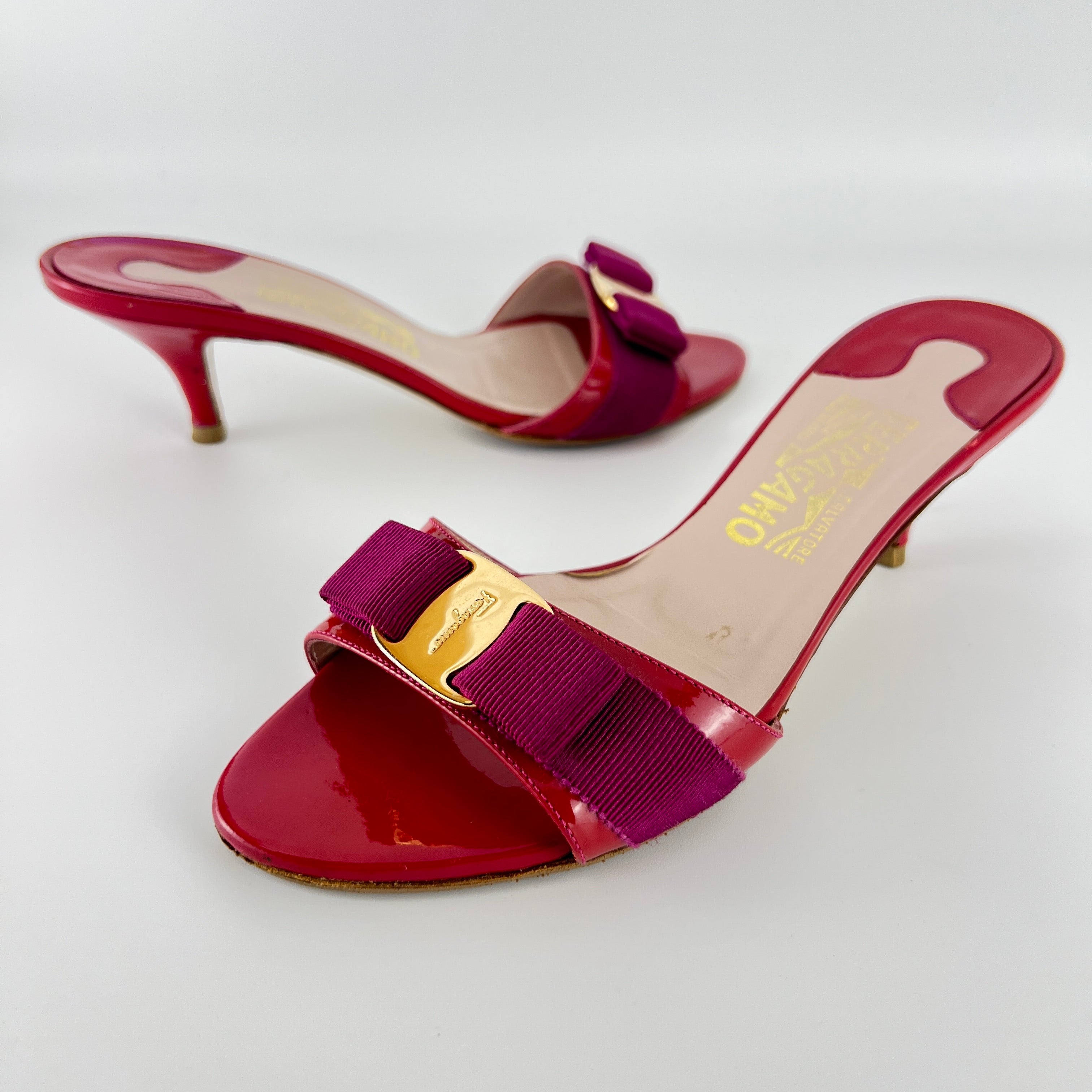 Ferragamo | Vara Bow Pink Patent Leather Fuchsia Gold Slide Sandal Mules (6.5 , 36.5)