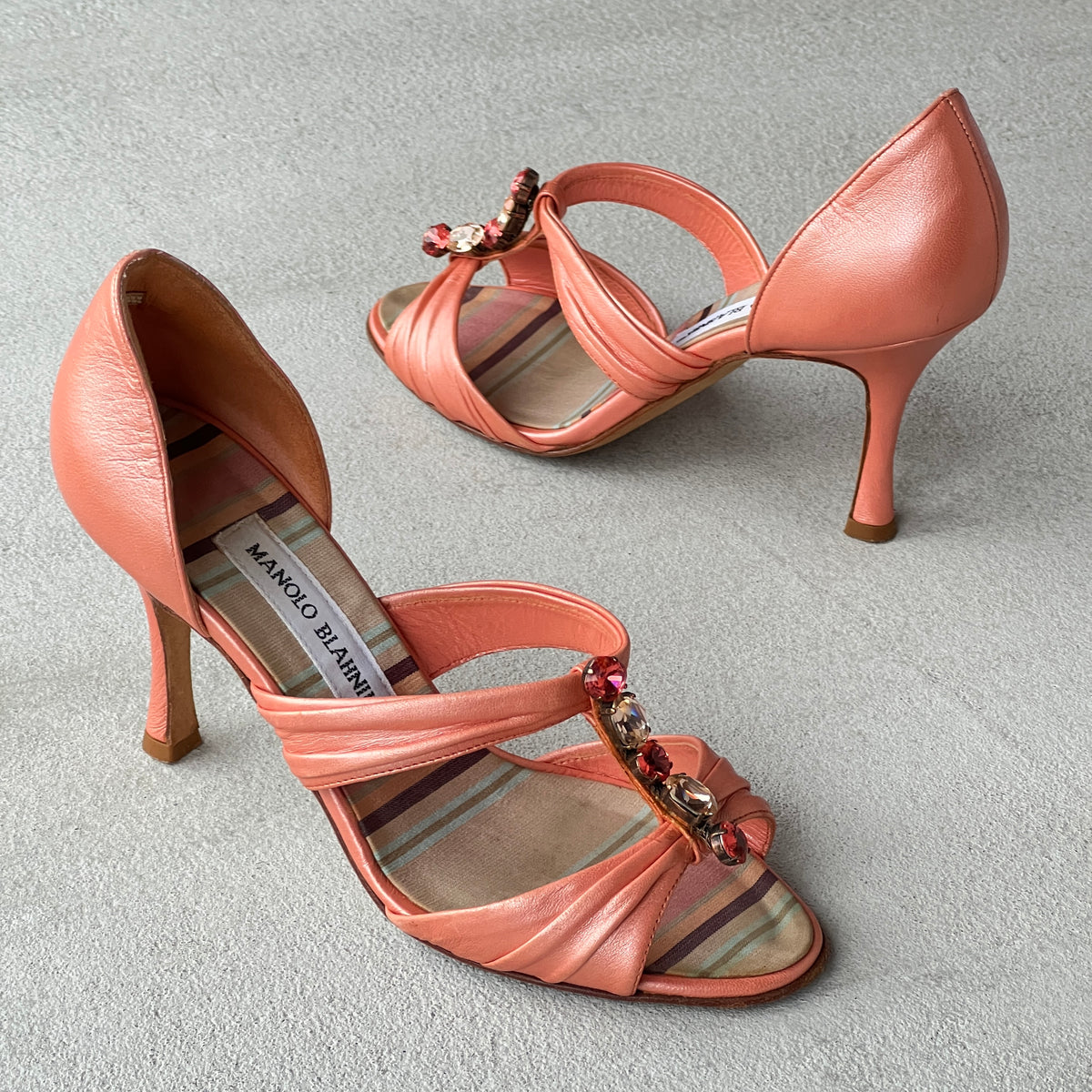 Manolo Blahnik | Vintage Coral Leather Gem Strappy D'Orsay Pump (35.5)