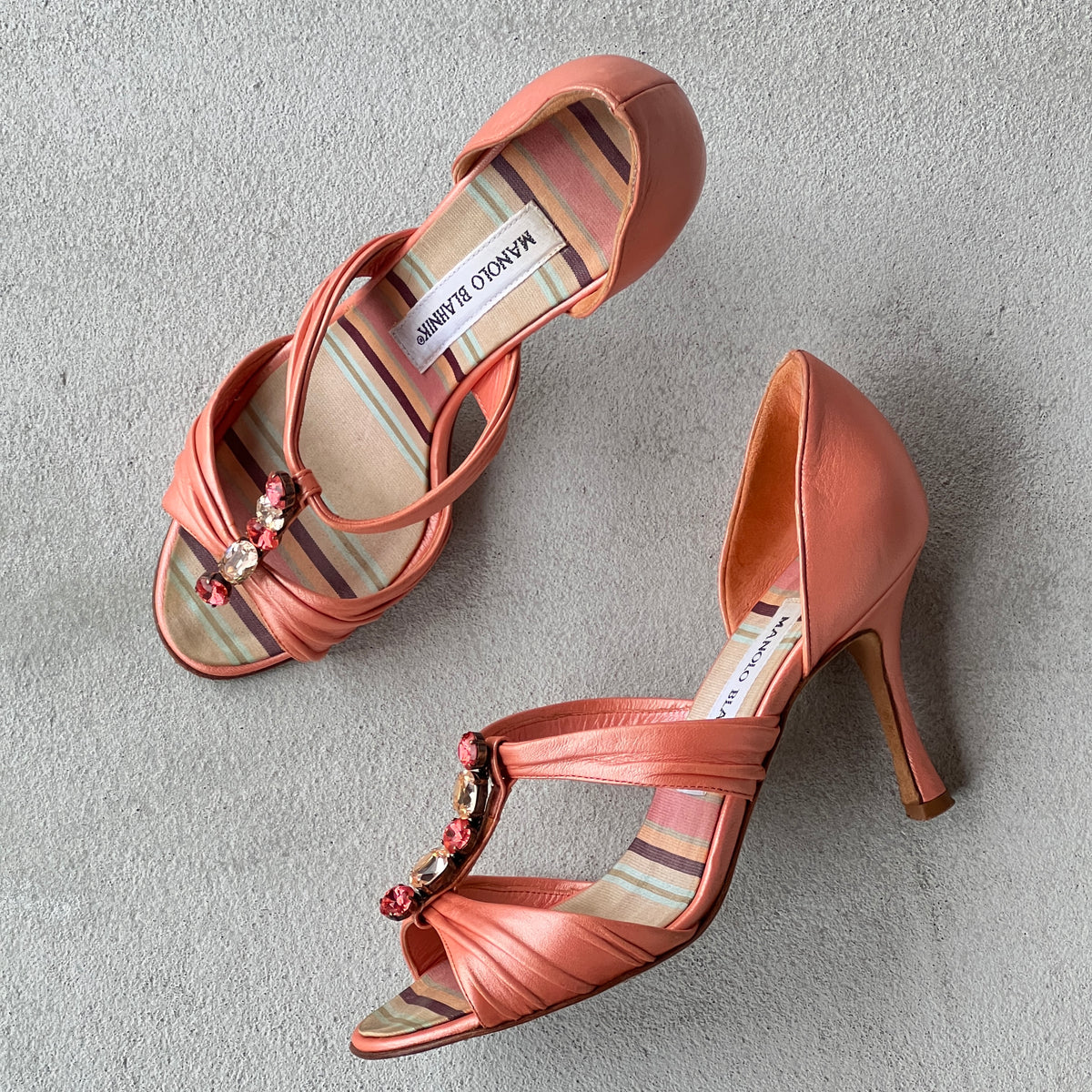 Manolo Blahnik | Vintage Coral Leather Gem Strappy D'Orsay Pump (35.5)