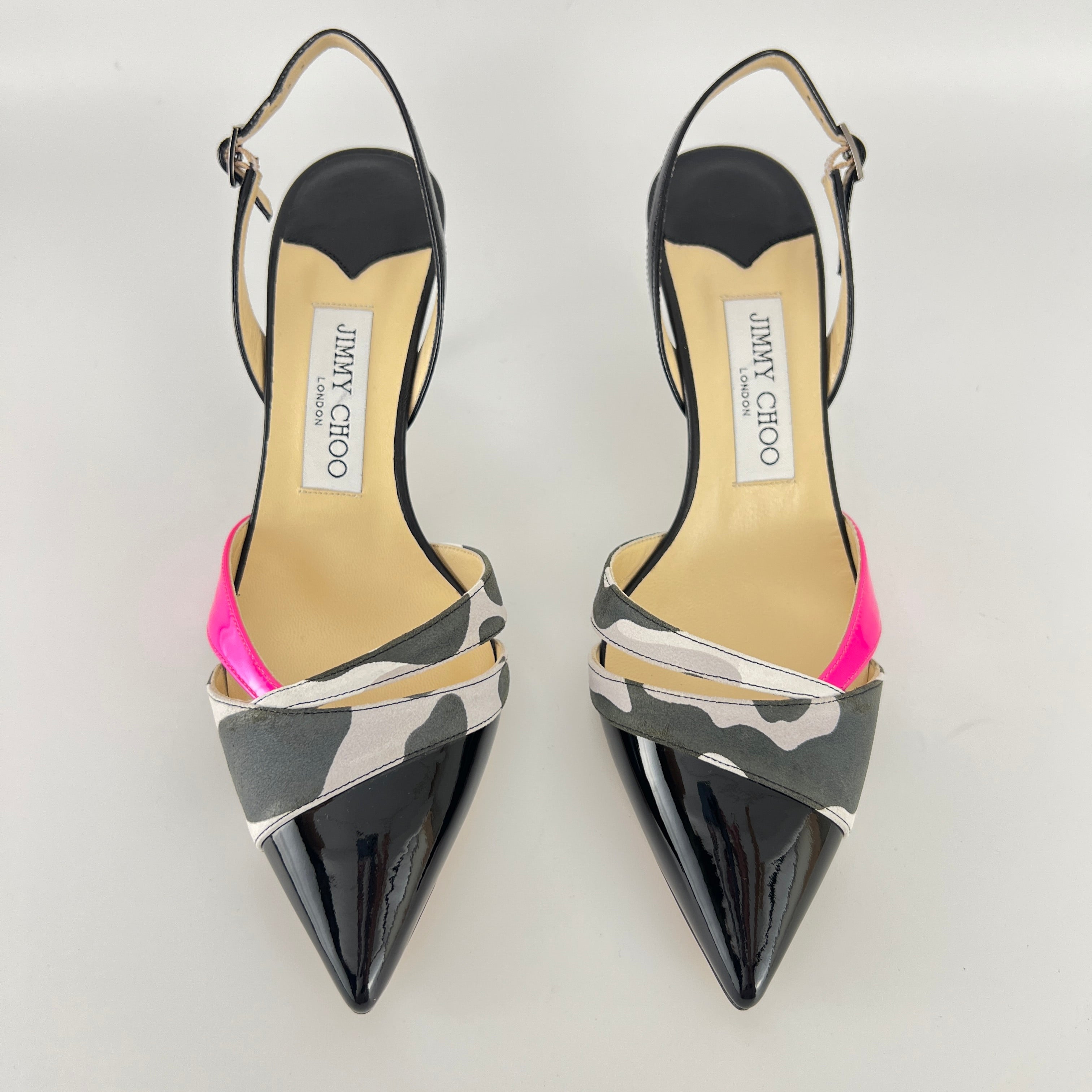 Jimmy Choo | Marise 65 Black Patent Leather Camo Pink Pointed Heels (37.5)