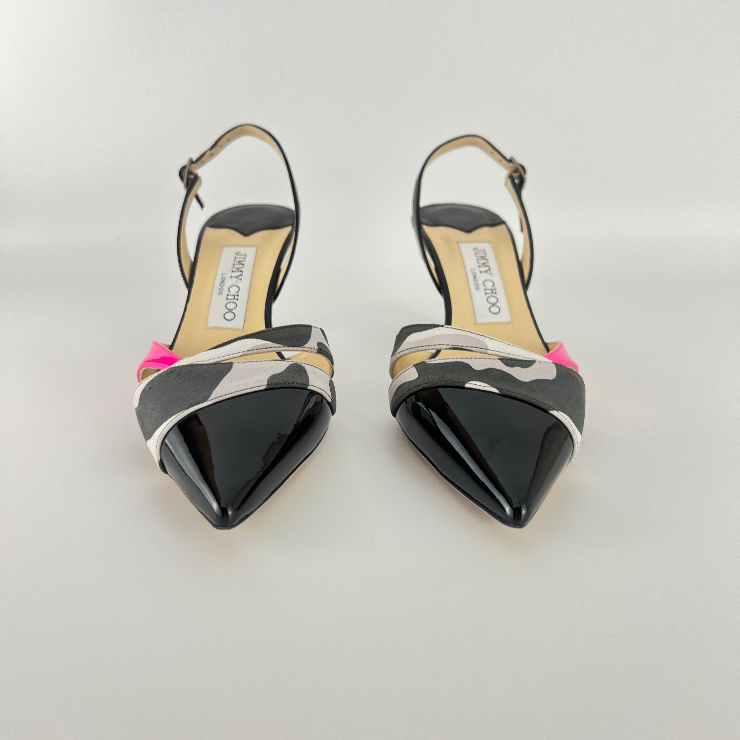 Jimmy Choo | Marise 65 Black Patent Leather Camo Pink Pointed Heels (37.5)