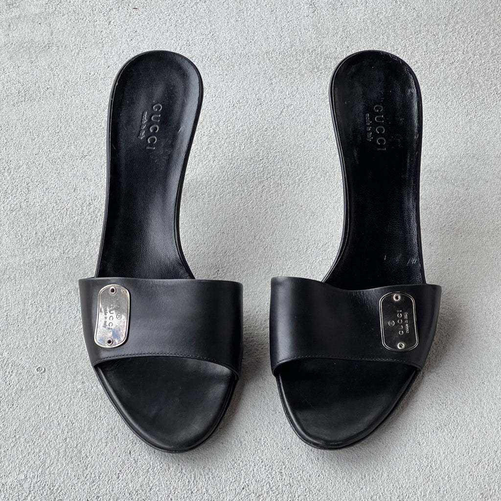 Gucci | Vintage Black Leather Silver Logo Dog Tag Slide Mules (37.5)