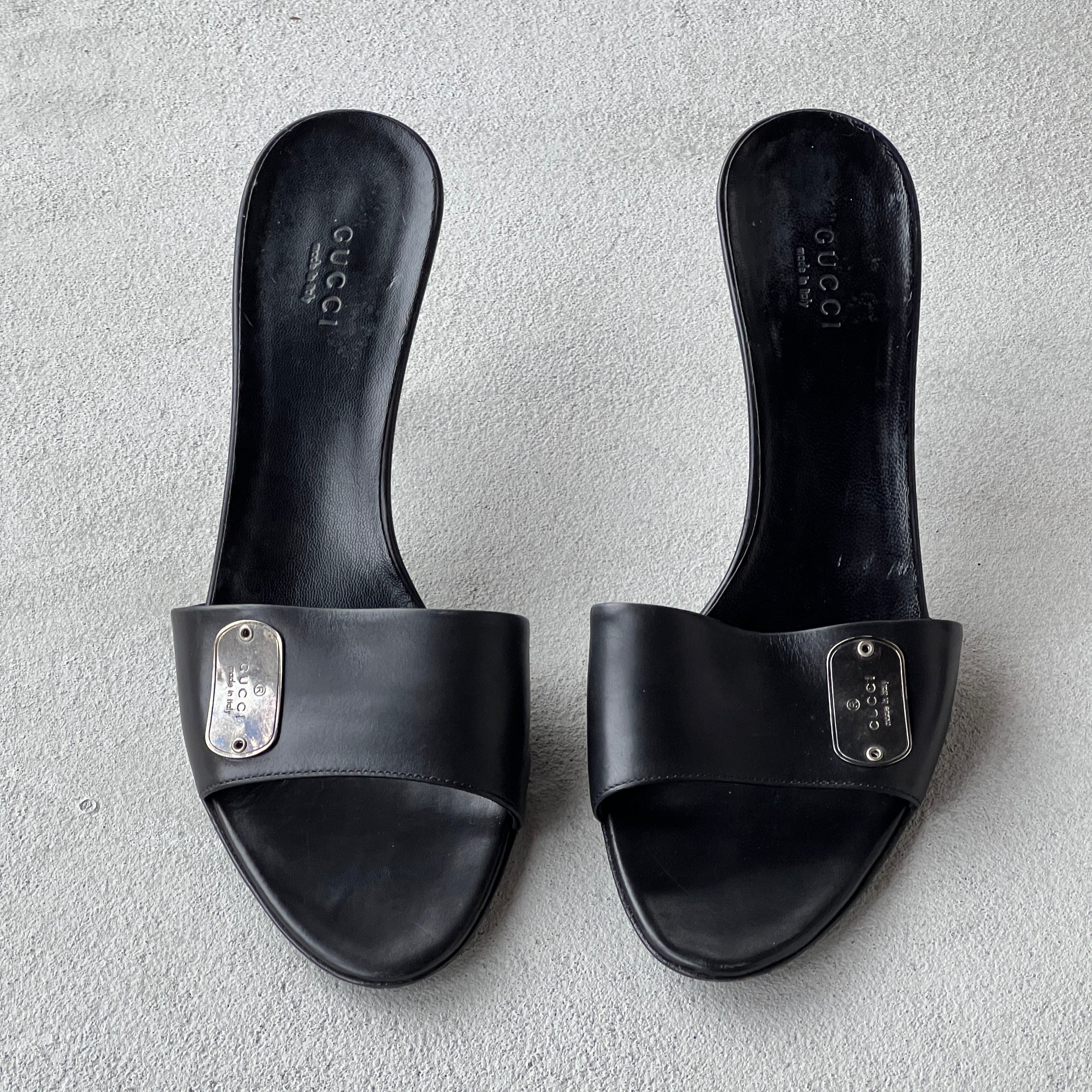 Gucci | Vintage Black Leather Silver Logo Dog Tag Slide Mules (37.5)