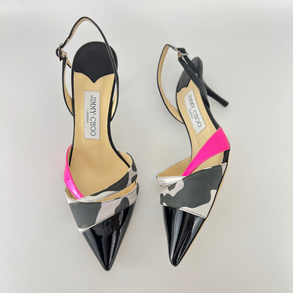 Jimmy Choo | Marise 65 Black Patent Leather Camo Pink Pointed Heels (37.5)