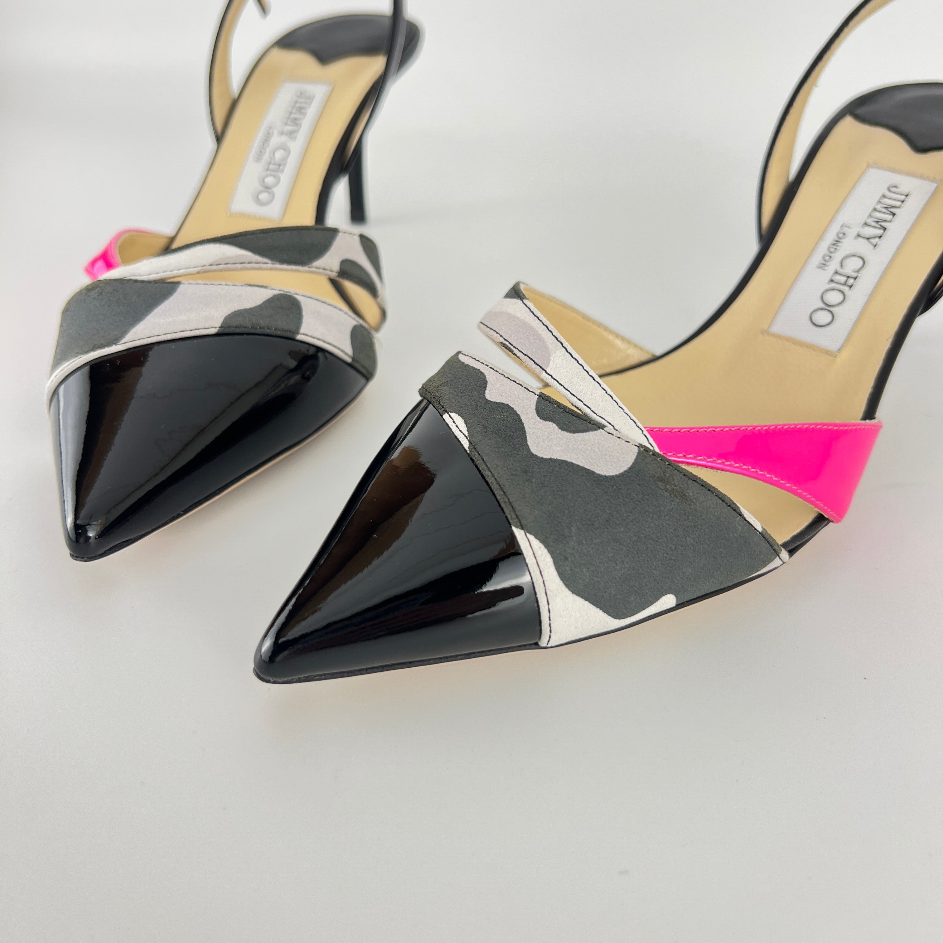 Jimmy Choo | Marise 65 Black Patent Leather Camo Pink Pointed Heels (37.5)
