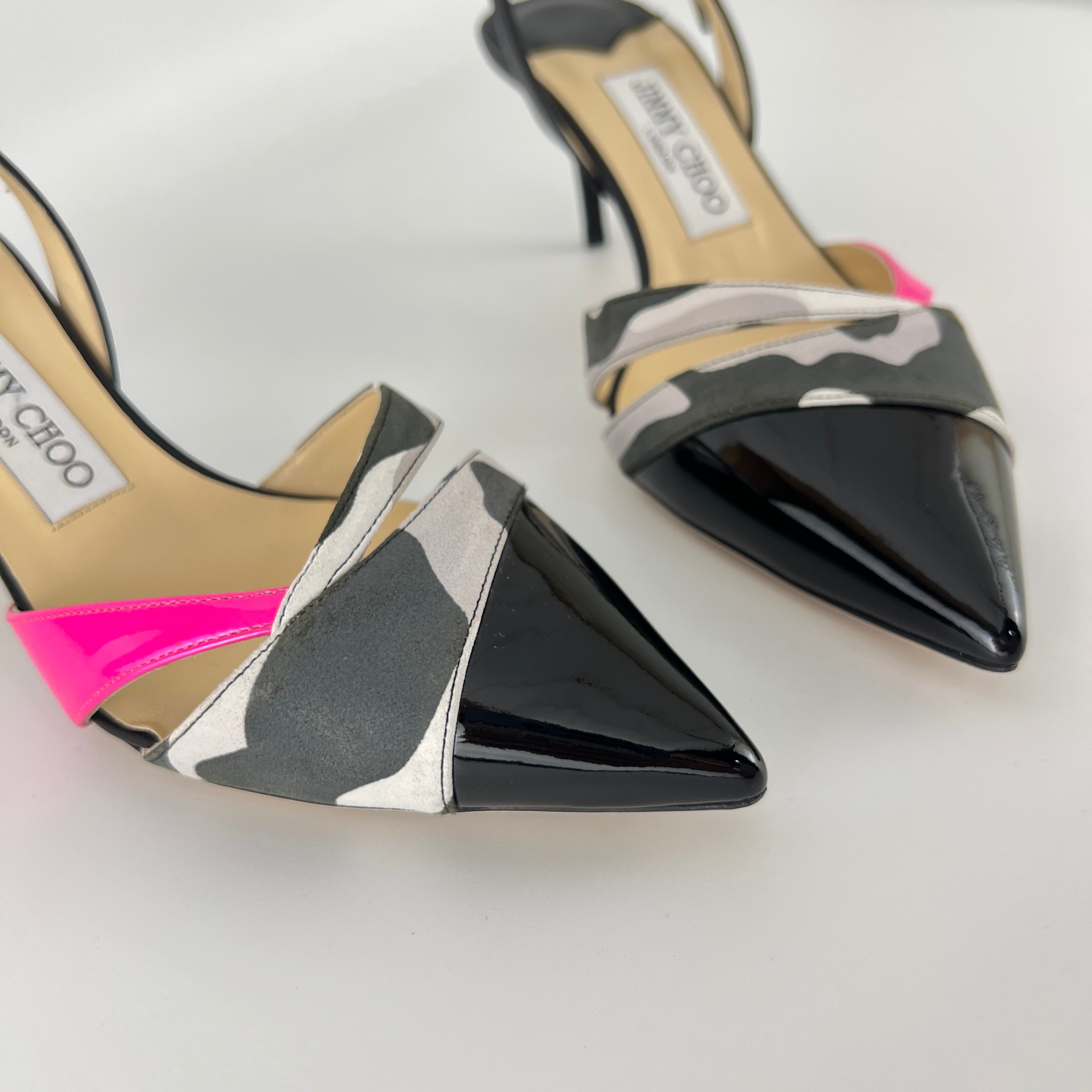 Jimmy Choo | Marise 65 Black Patent Leather Camo Pink Pointed Heels (37.5)