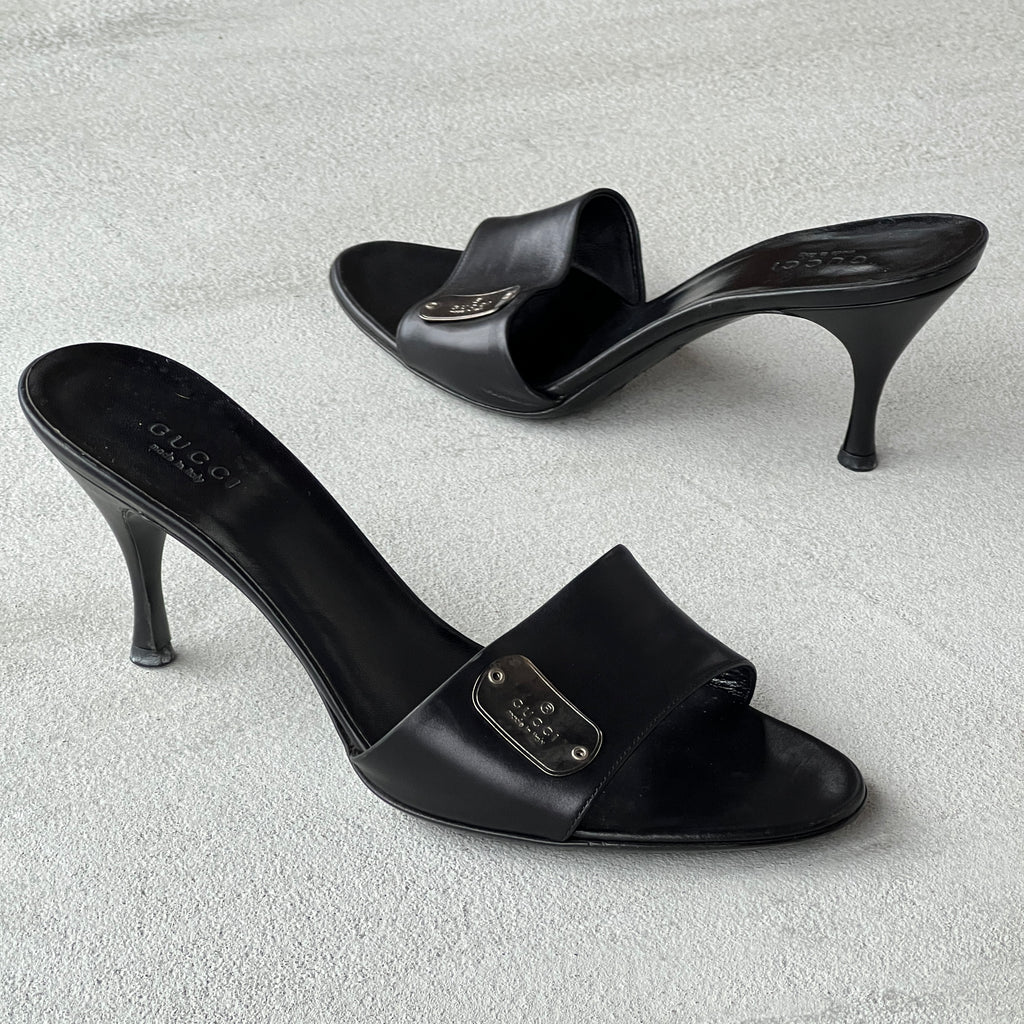 Gucci | Vintage Black Leather Silver Logo Dog Tag Slide Mules (37.5)