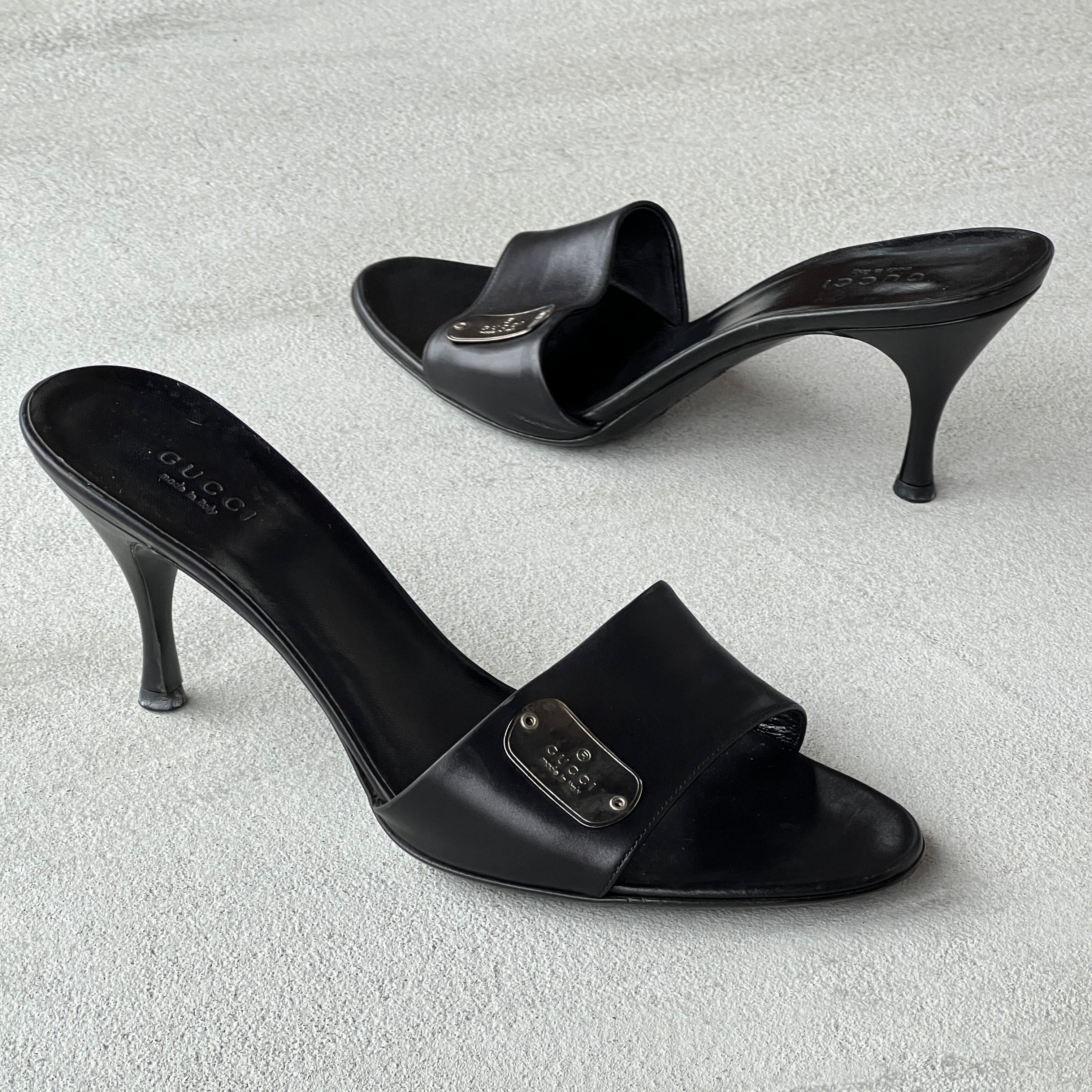 Gucci | Vintage Black Leather Silver Logo Dog Tag Slide Mules (37.5)