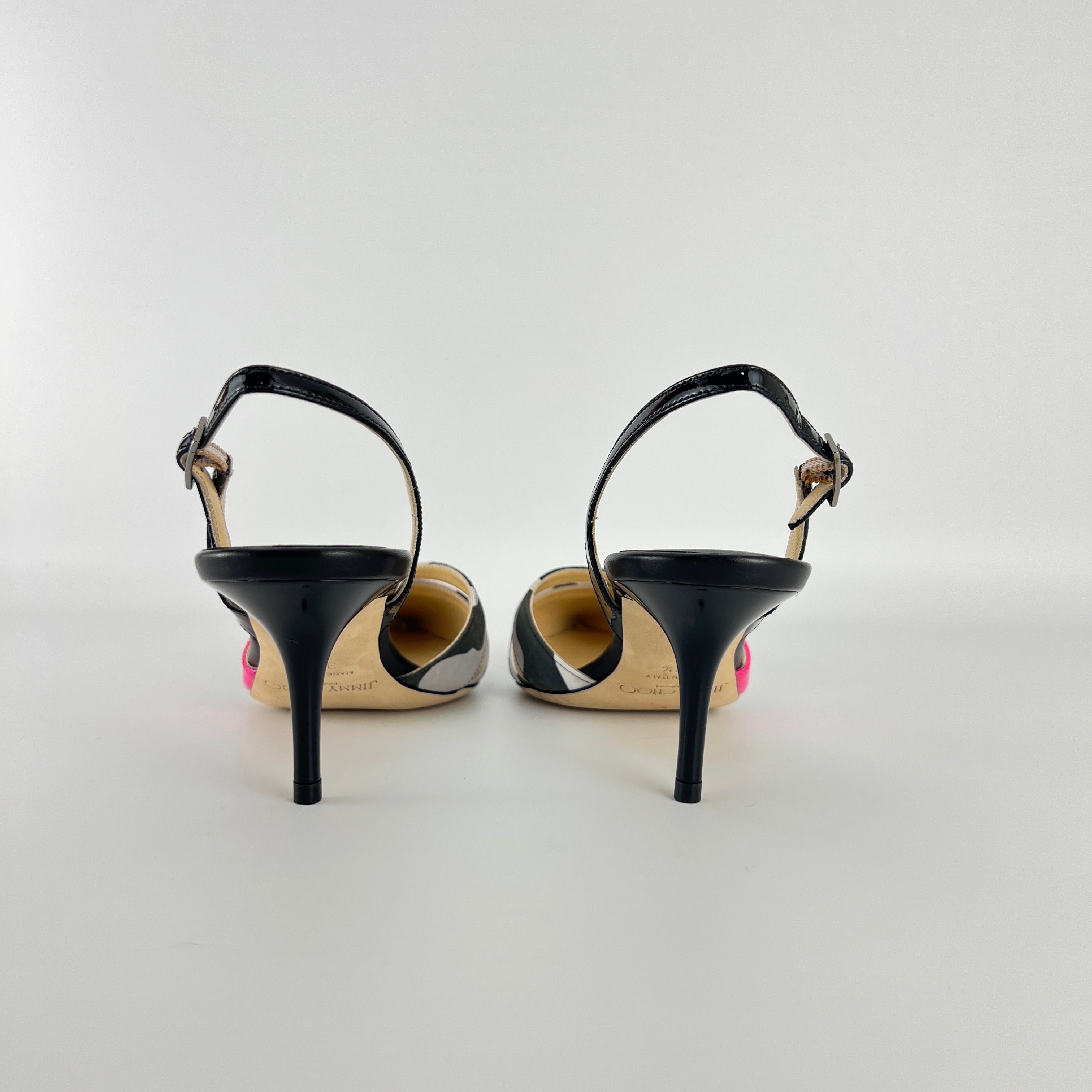 Jimmy Choo | Marise 65 Black Patent Leather Camo Pink Pointed Heels (37.5)
