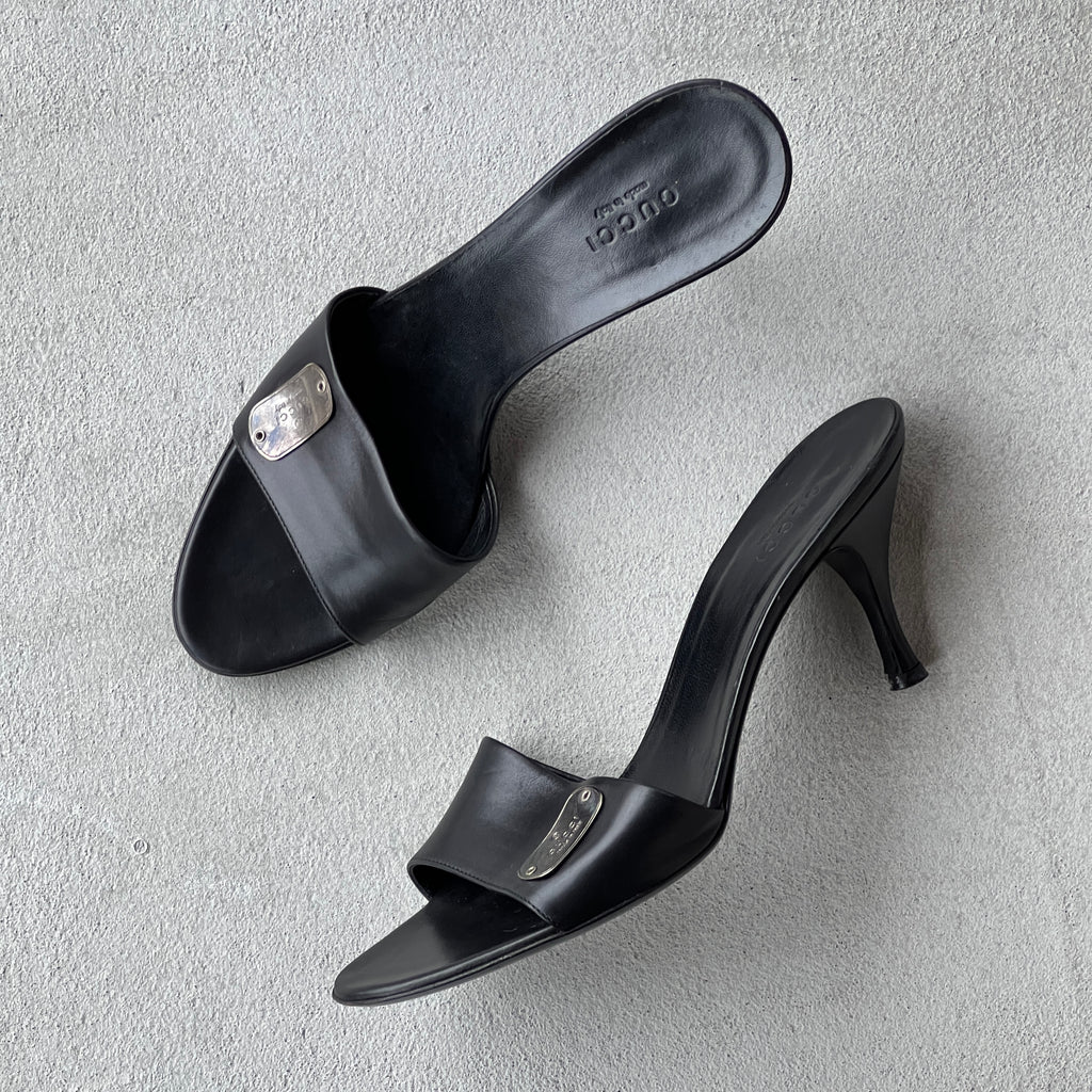 Gucci | Vintage Black Leather Silver Logo Dog Tag Slide Mules (37.5)