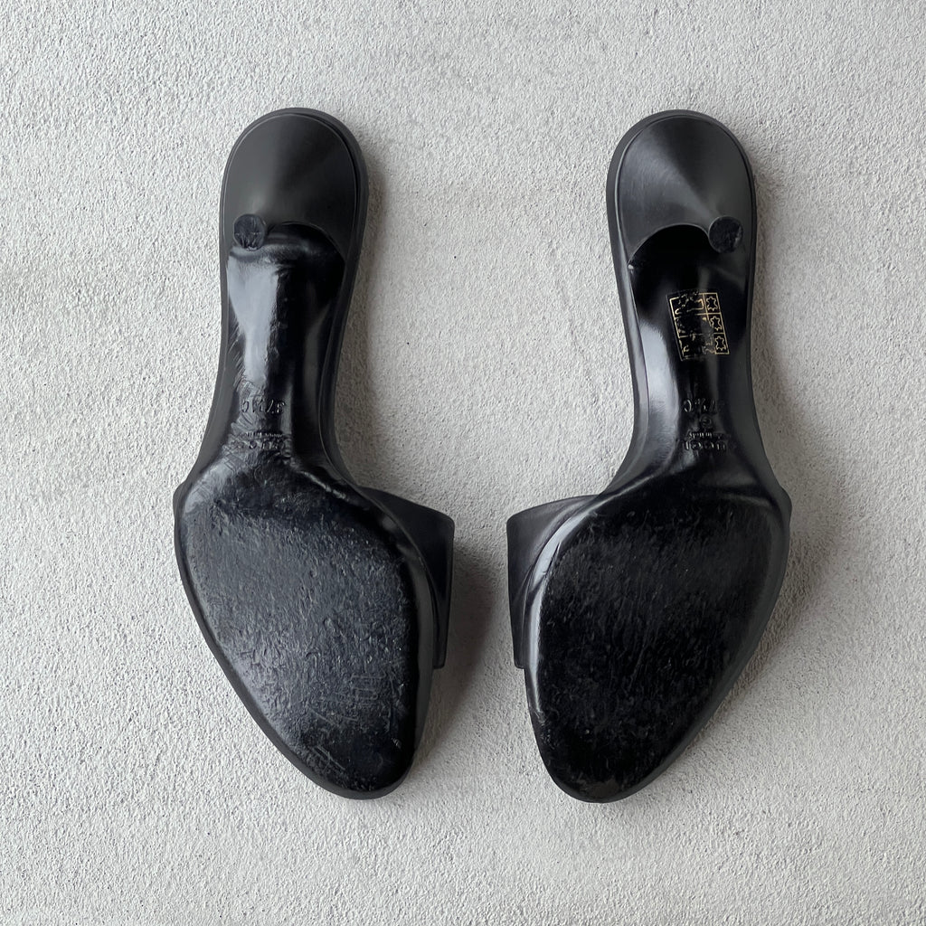 Gucci | Vintage Black Leather Silver Logo Dog Tag Slide Mules (37.5)