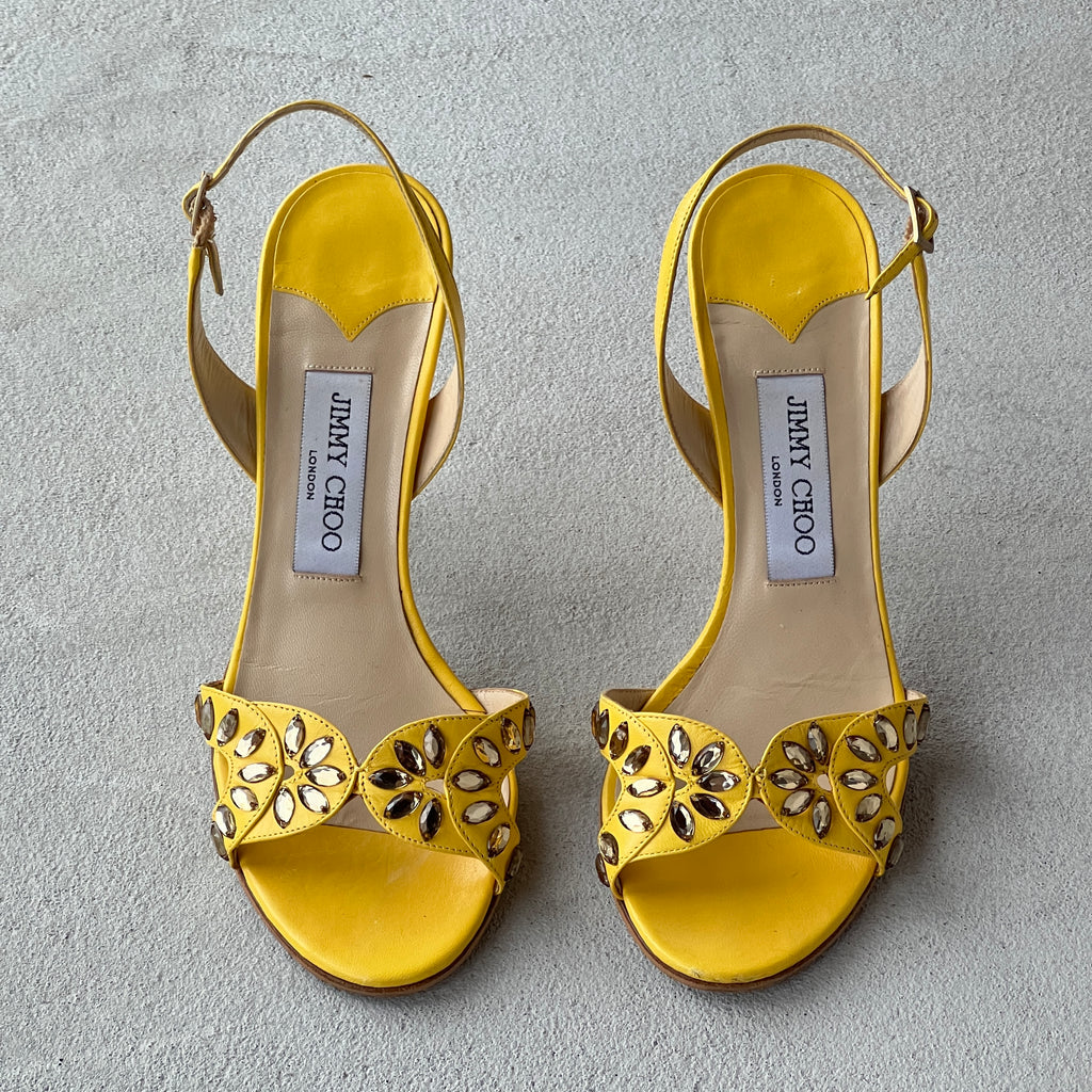 Jimmy Choo | Yellow Leather Gem Studded Slingback Stiletto Heels (37.5)