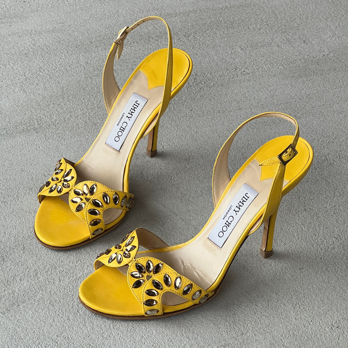 Jimmy Choo | Yellow Leather Gem Studded Slingback Stiletto Heels (37.5)