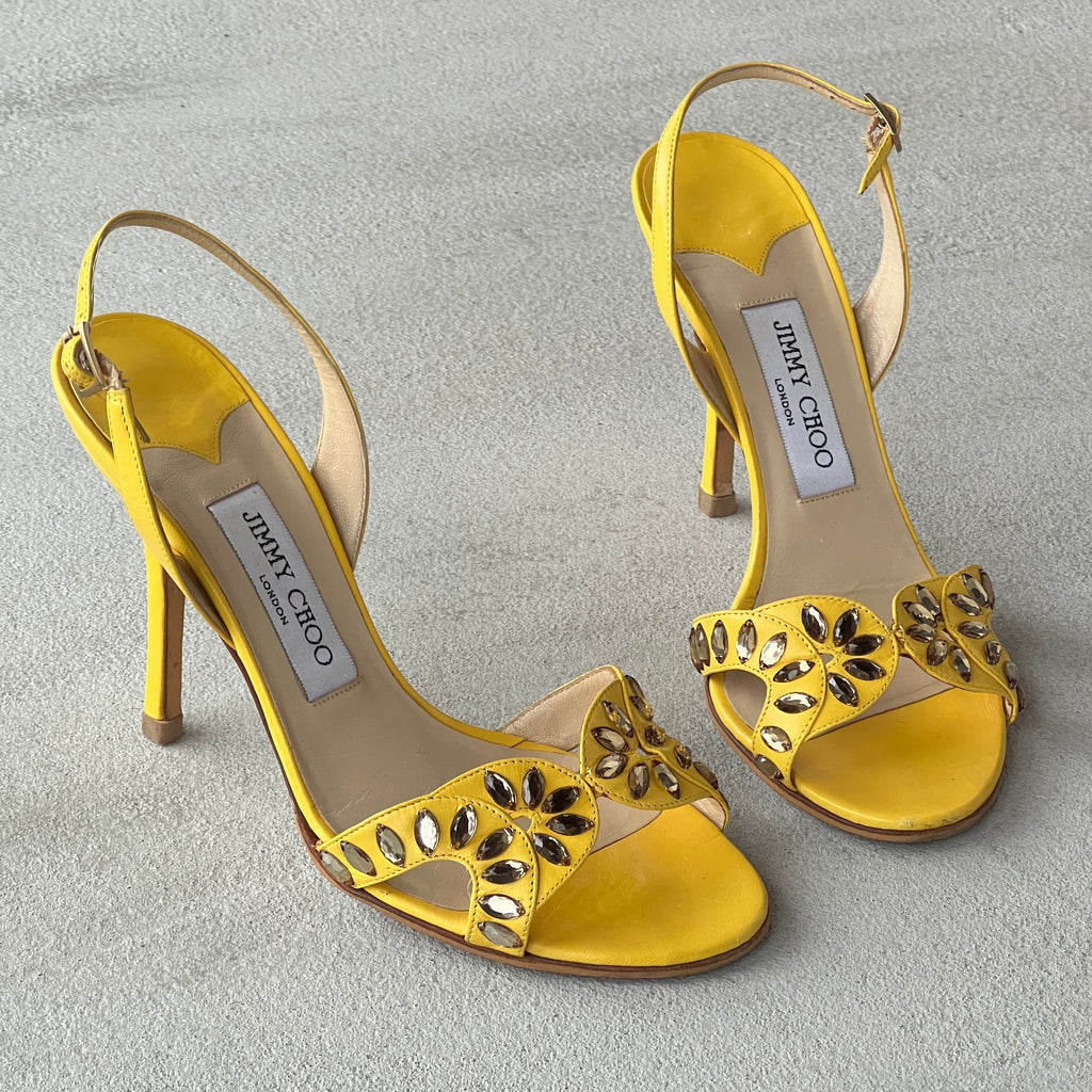 Jimmy Choo | Yellow Leather Gem Studded Slingback Stiletto Heels (37.5)