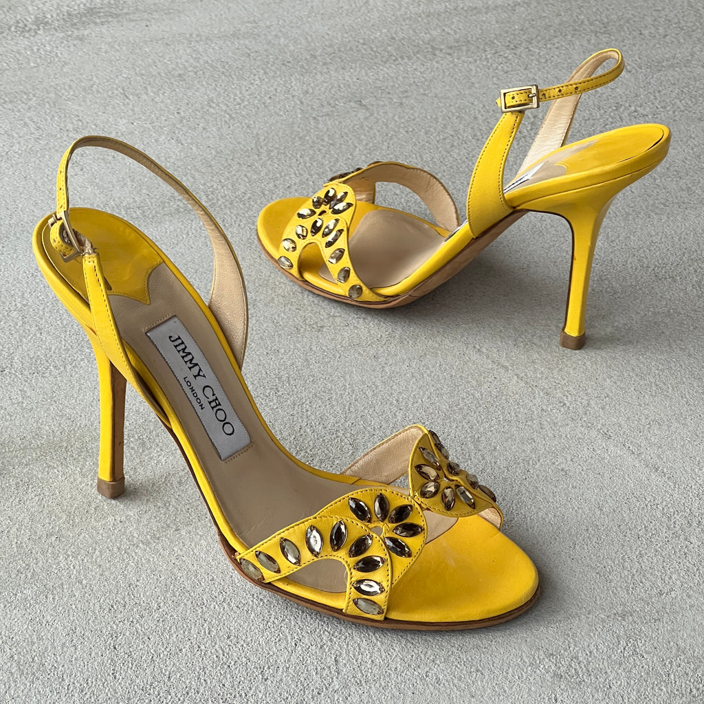 Jimmy Choo | Yellow Leather Gem Studded Slingback Stiletto Heels (37.5)