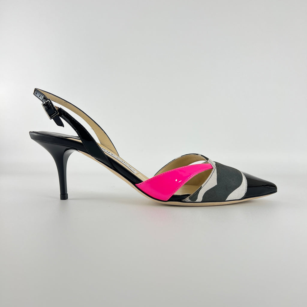 Jimmy Choo | Marise 65 Black Patent Leather Camo Pink Pointed Heels (37.5)