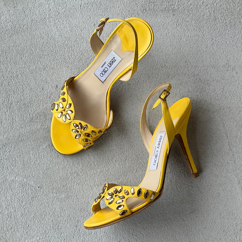 Jimmy Choo | Yellow Leather Gem Studded Slingback Stiletto Heels (37.5)