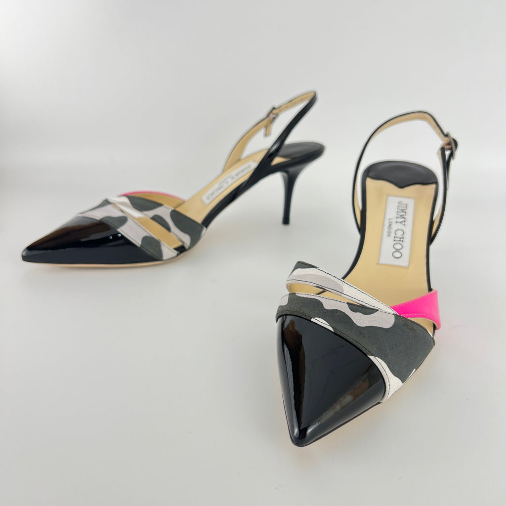 Jimmy Choo | Marise 65 Black Patent Leather Camo Pink Pointed Heels (37.5)