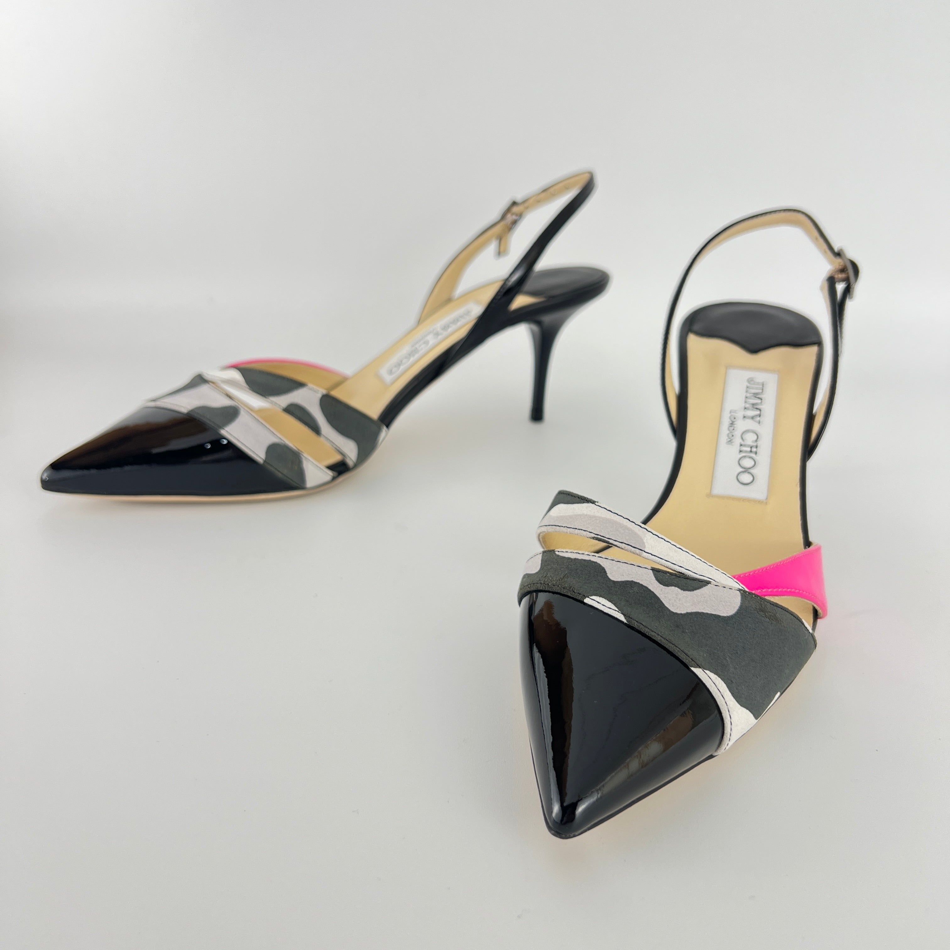 Jimmy Choo | Marise 65 Black Patent Leather Camo Pink Pointed Heels (37.5)