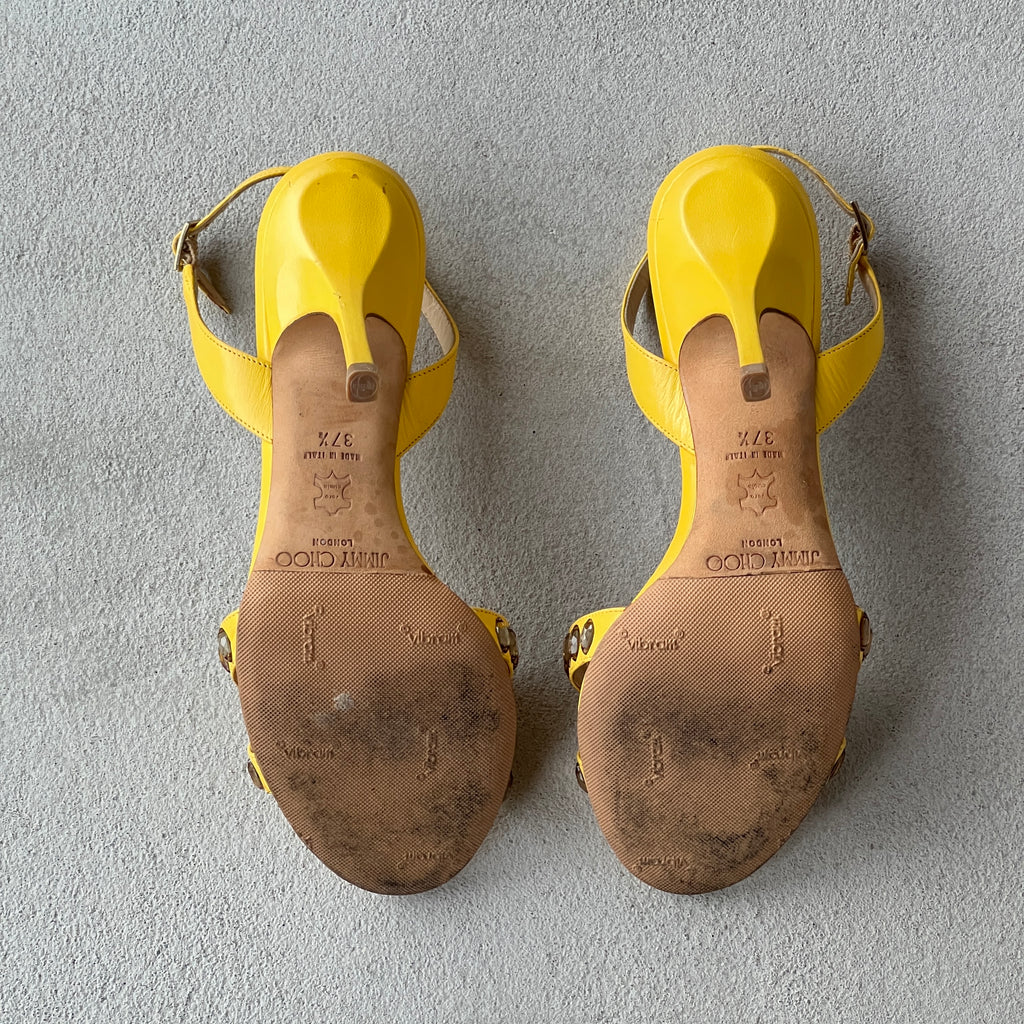 Jimmy Choo | Yellow Leather Gem Studded Slingback Stiletto Heels (37.5)