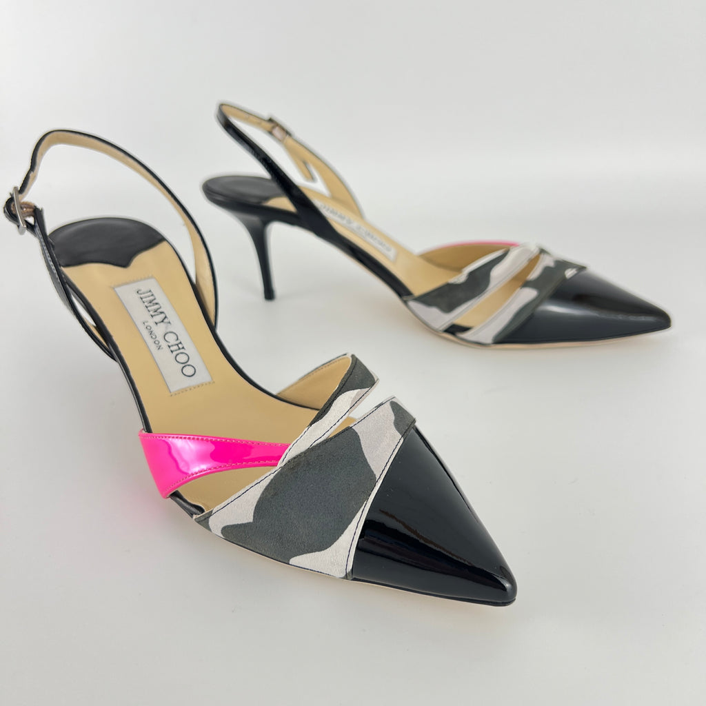 Jimmy Choo | Marise 65 Black Patent Leather Camo Pink Pointed Heels (37.5)