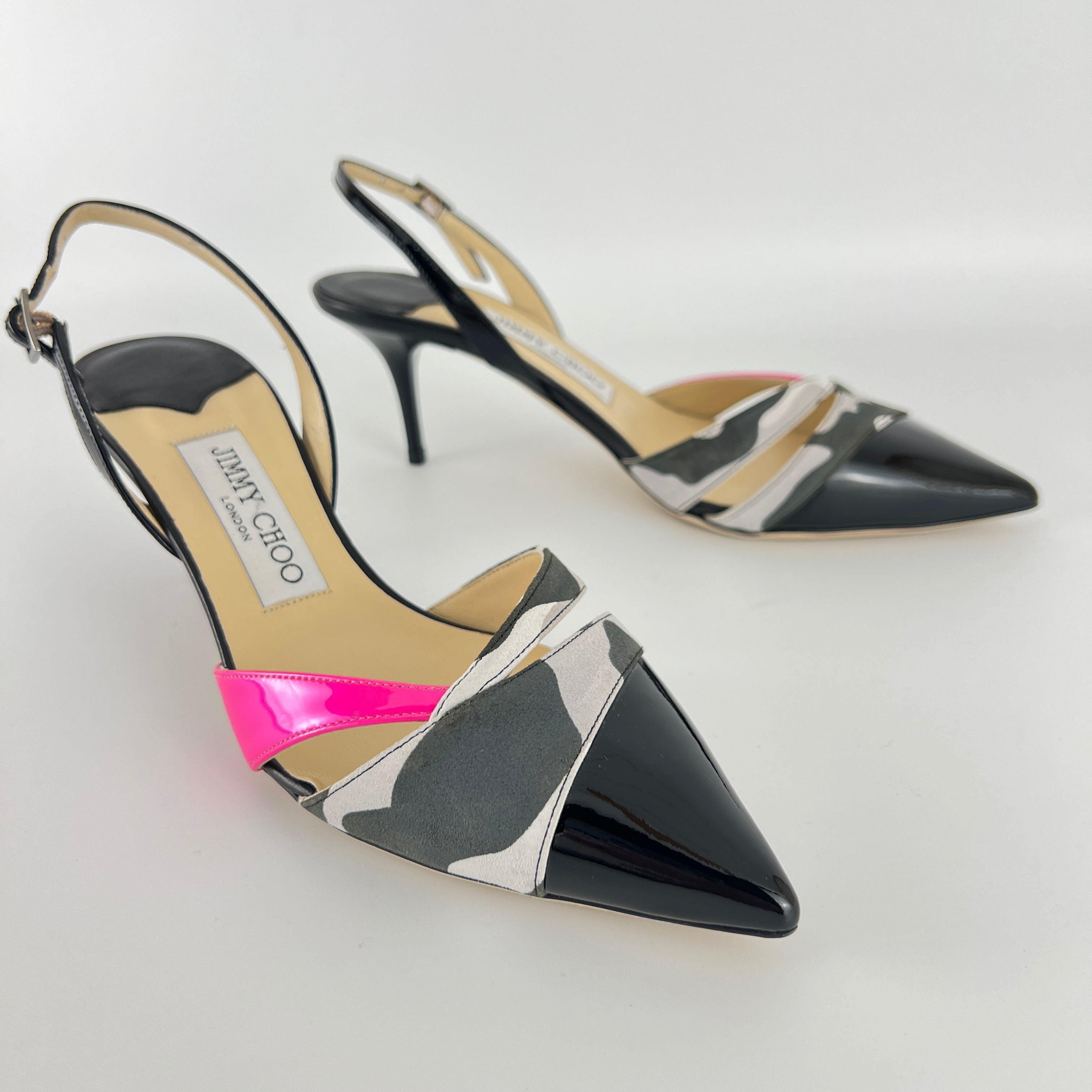 Jimmy Choo | Marise 65 Black Patent Leather Camo Pink Pointed Heels (37.5)