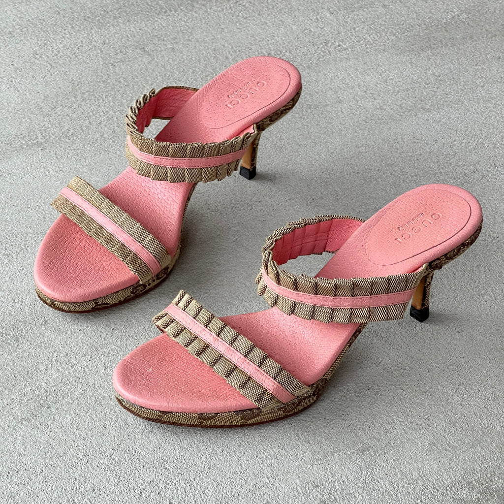 Gucci | Vintage 2000s Pink GG Monogram Ruffle Strappy Mules (35.5)