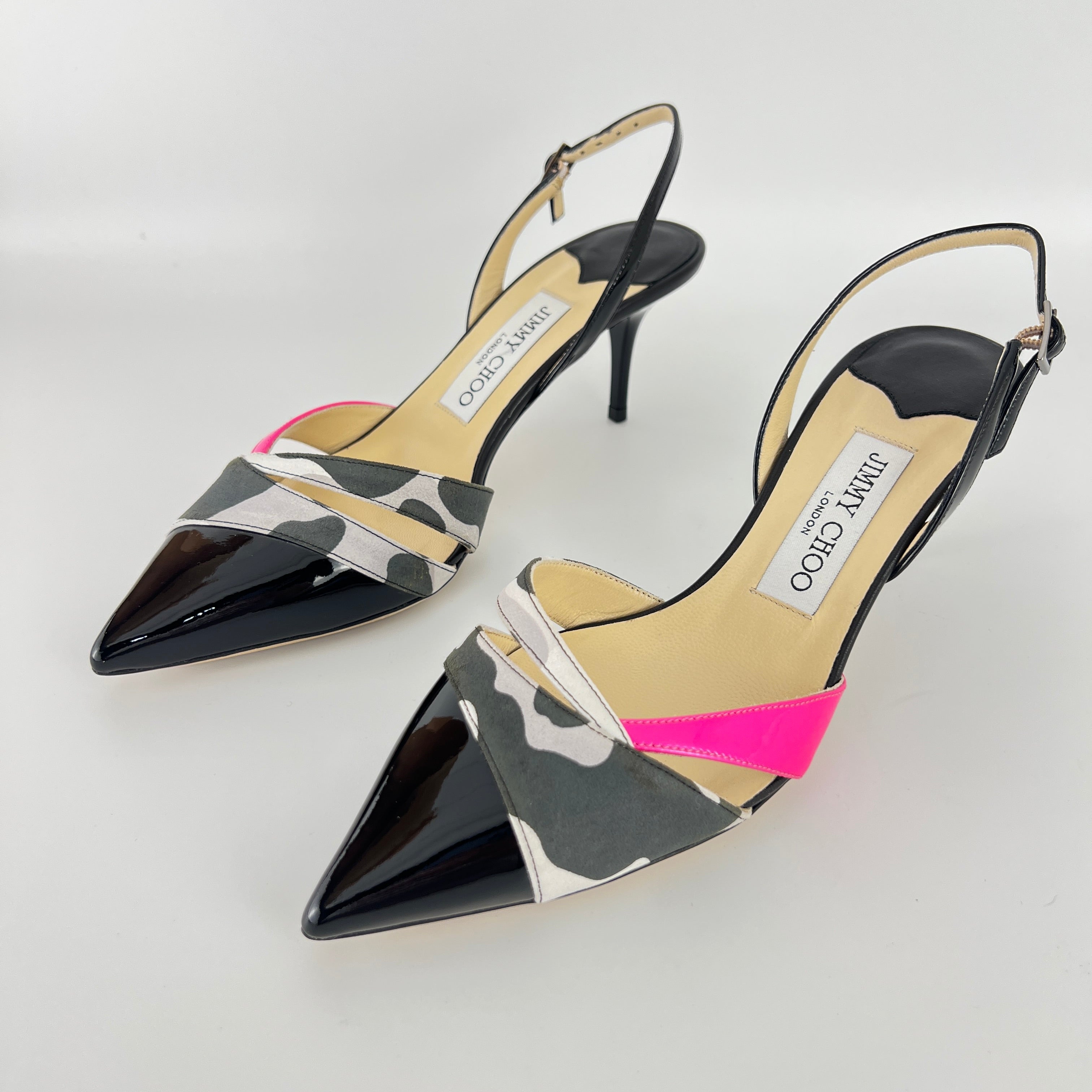 Jimmy Choo | Marise 65 Black Patent Leather Camo Pink Pointed Heels (37.5)