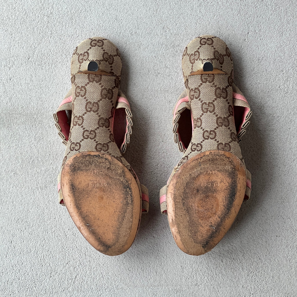 Gucci | Vintage 2000s Pink GG Monogram Ruffle Strappy Mules (35.5)