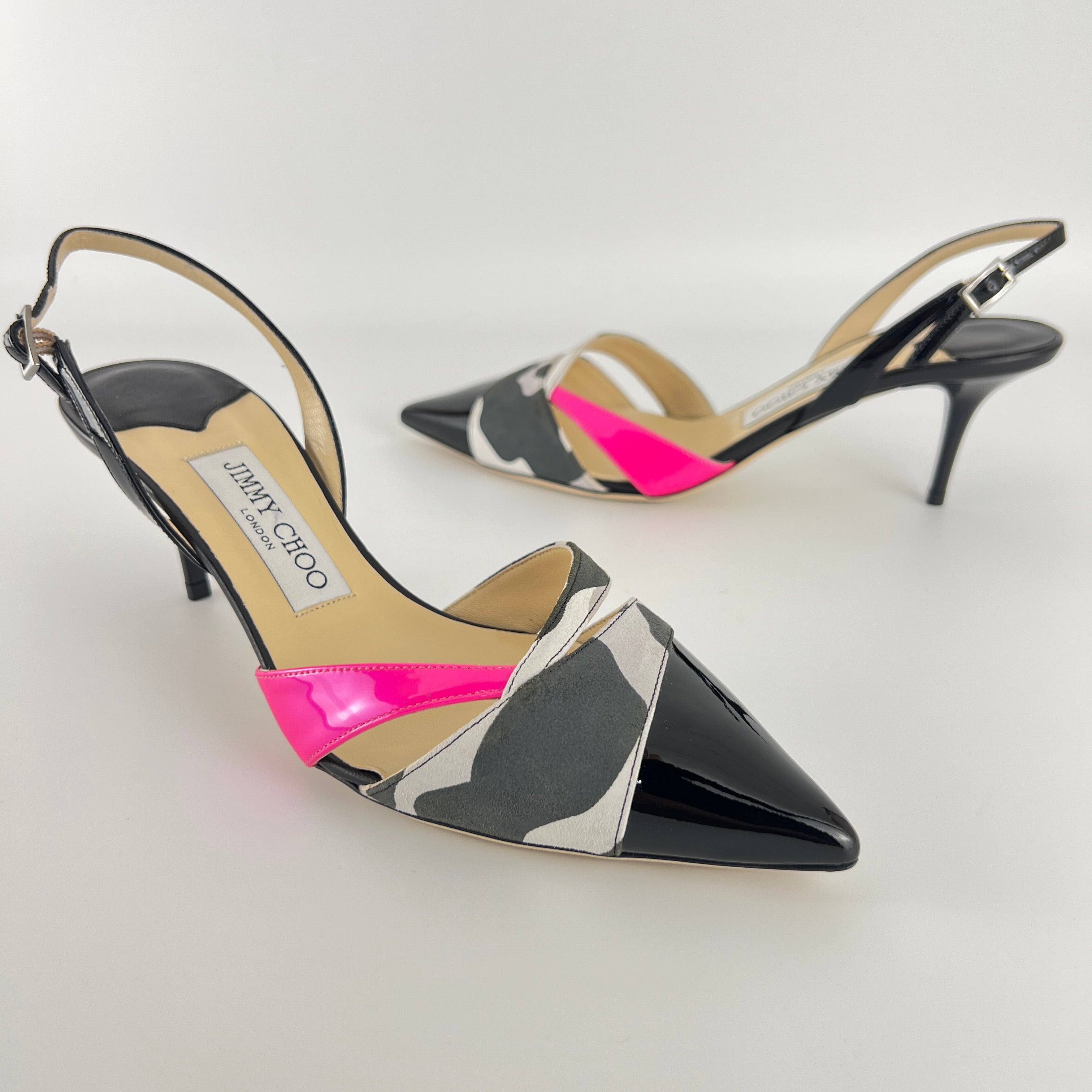 Jimmy Choo | Marise 65 Black Patent Leather Camo Pink Pointed Heels (37.5)