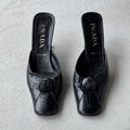 Prada | F/W 2003 Vintage Black Leather Flower Square Toe Slide Mules (38.5)