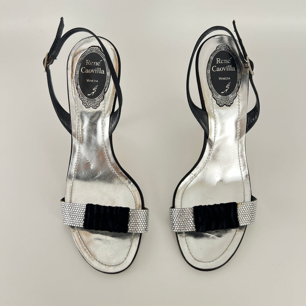 Rene Caovilla | Vintage Black Satin Velvet Crystal Strap Slingback Heel (38.5)