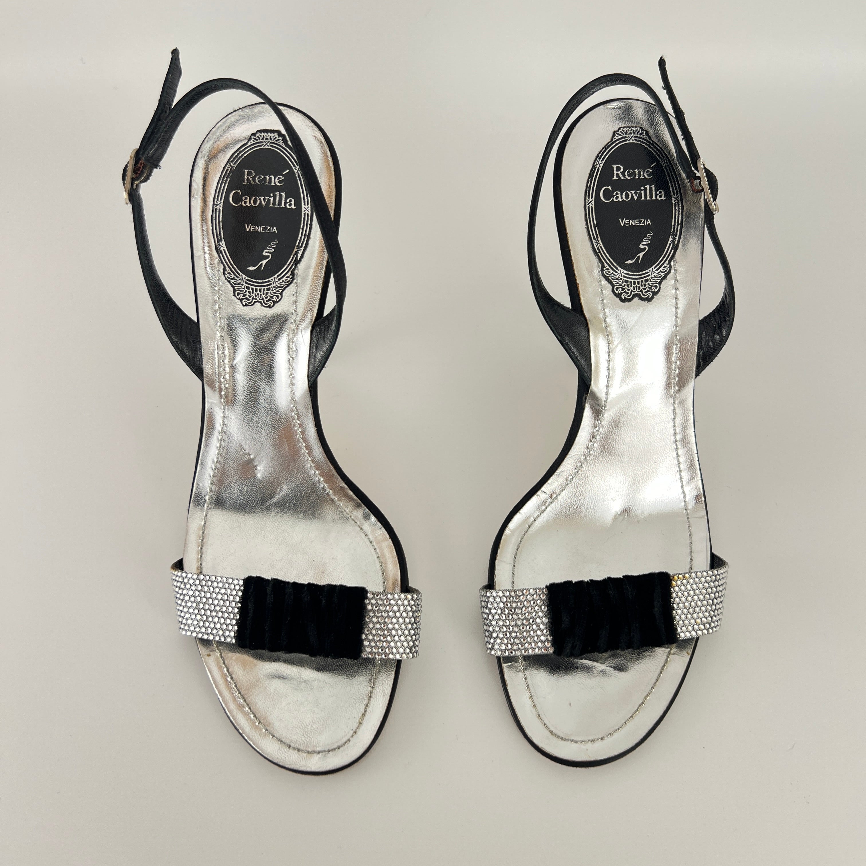 Rene Caovilla | Vintage Black Satin Velvet Crystal Strap Slingback Heel (38.5)