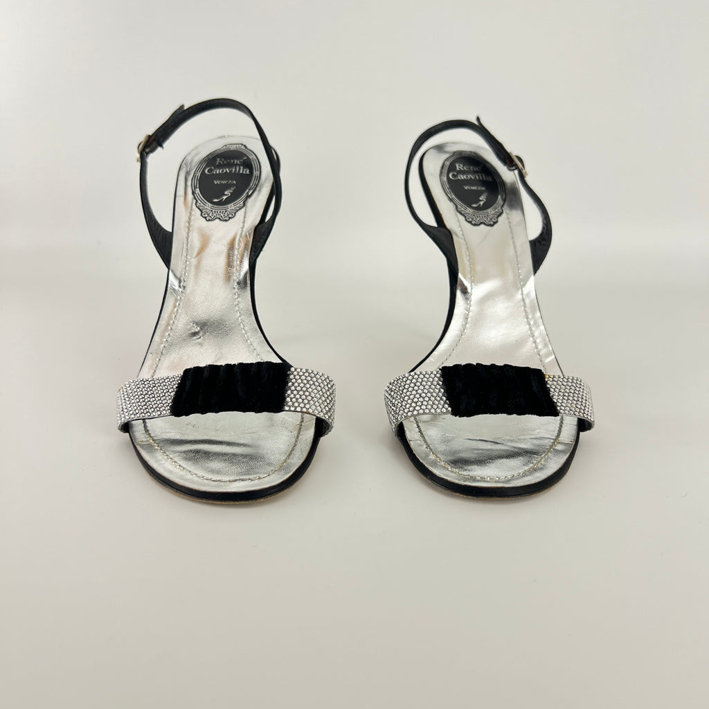 Rene Caovilla | Vintage Black Satin Velvet Crystal Strap Slingback Heel (38.5)