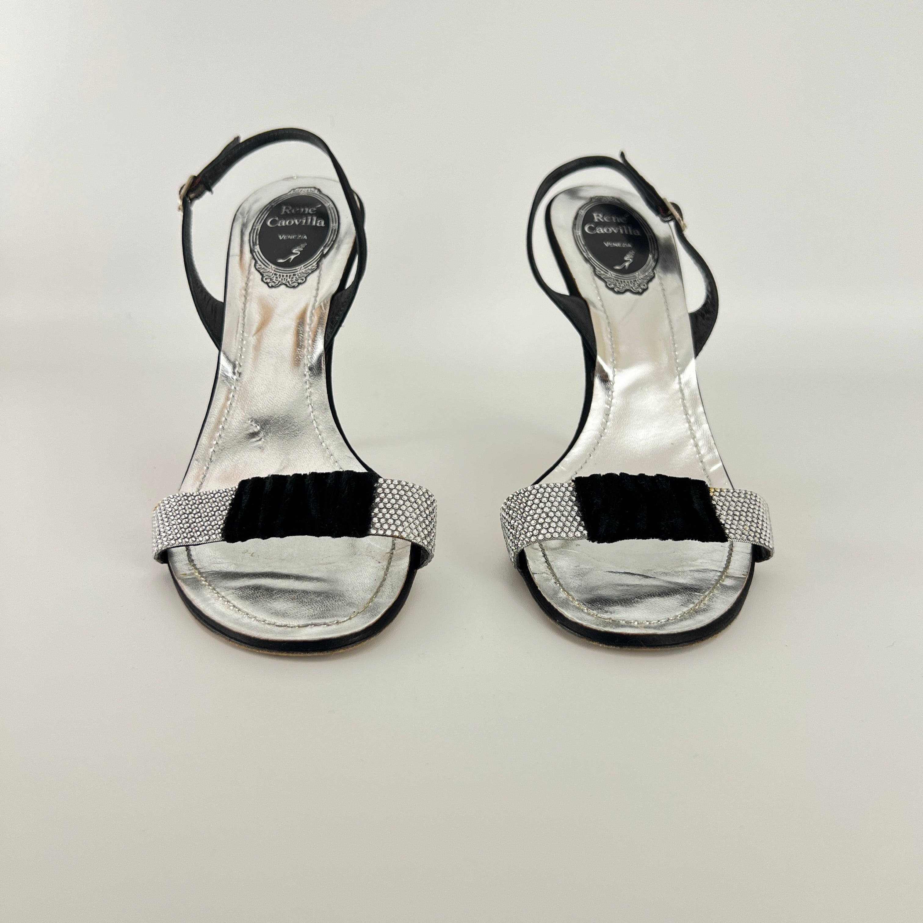 Rene Caovilla | Vintage Black Satin Velvet Crystal Strap Slingback Heel (38.5)