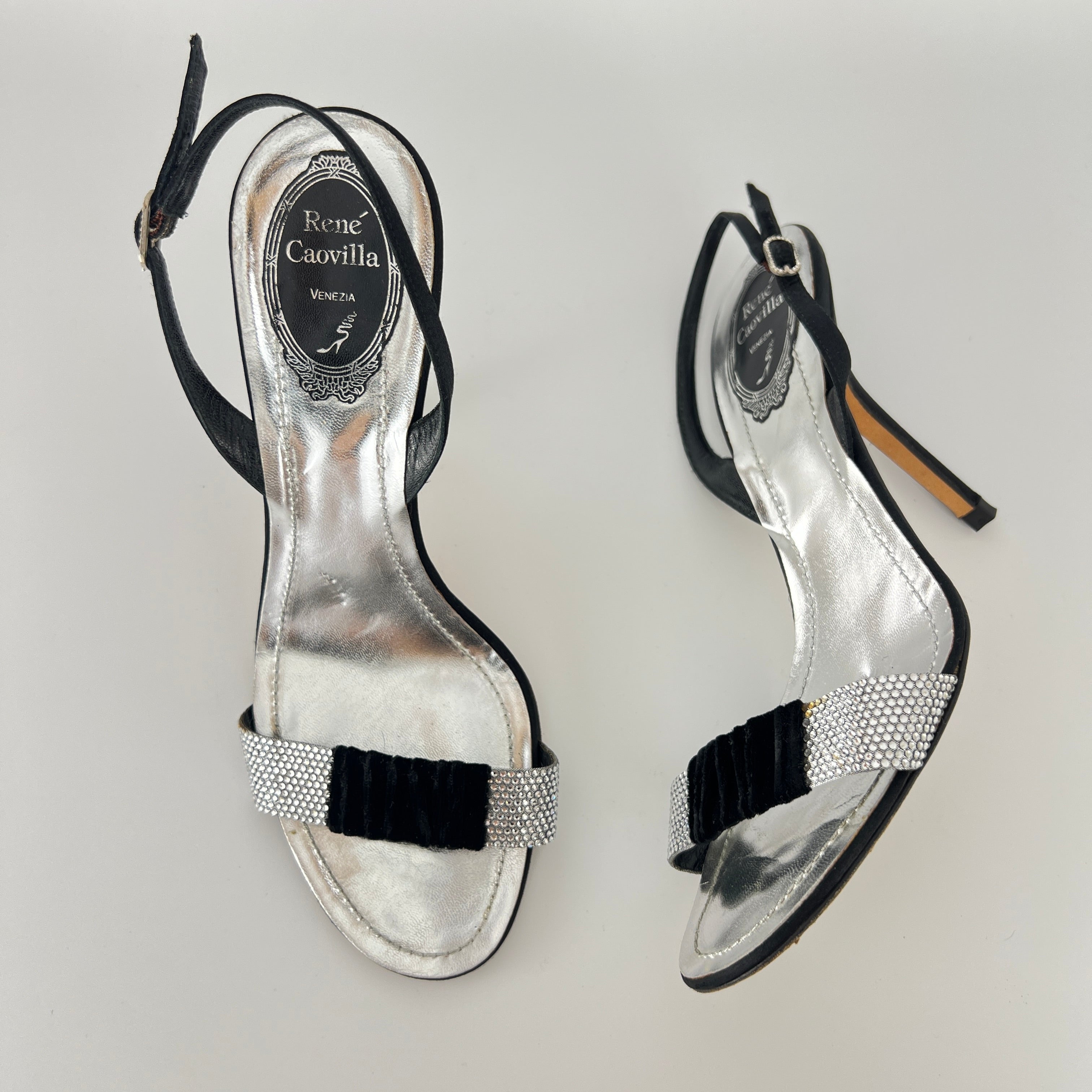 Rene Caovilla | Vintage Black Satin Velvet Crystal Strap Slingback Heel (38.5)