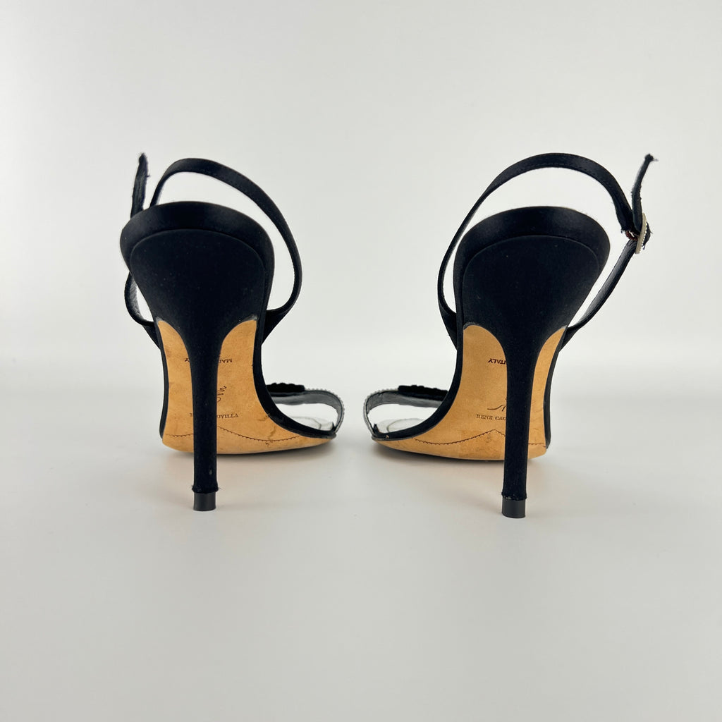 Rene Caovilla | Vintage Black Satin Velvet Crystal Strap Slingback Heel (38.5)