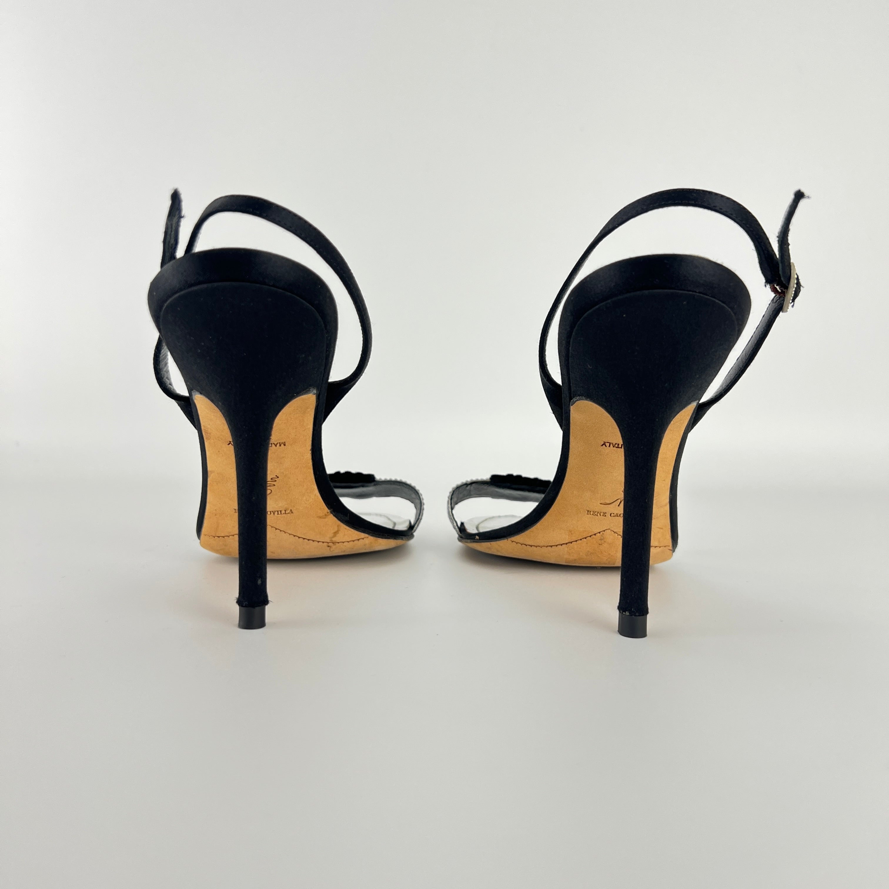Rene Caovilla | Vintage Black Satin Velvet Crystal Strap Slingback Heel (38.5)