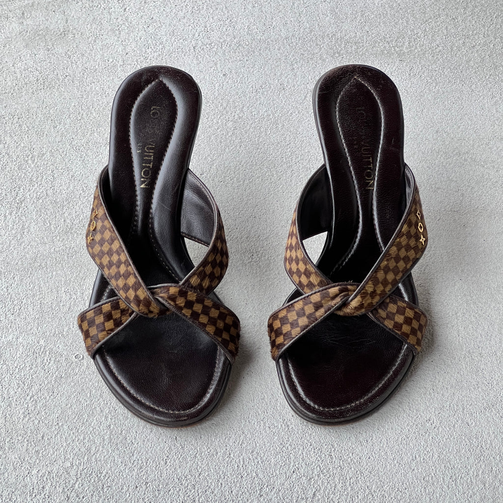 Louis Vuitton | Damier Calf Hair Knot Strap Mid Heel Slide Mules (34.5)