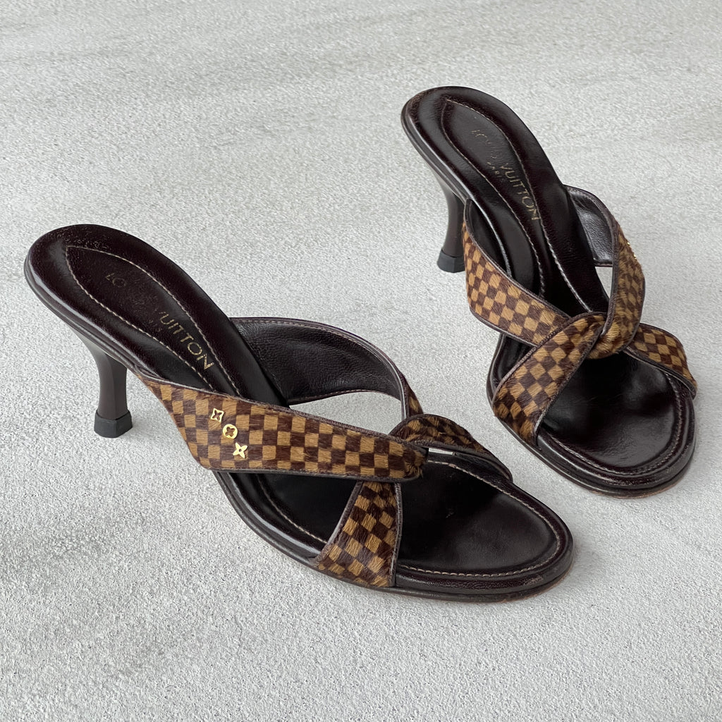 Louis Vuitton | Damier Calf Hair Knot Strap Mid Heel Slide Mules (34.5)