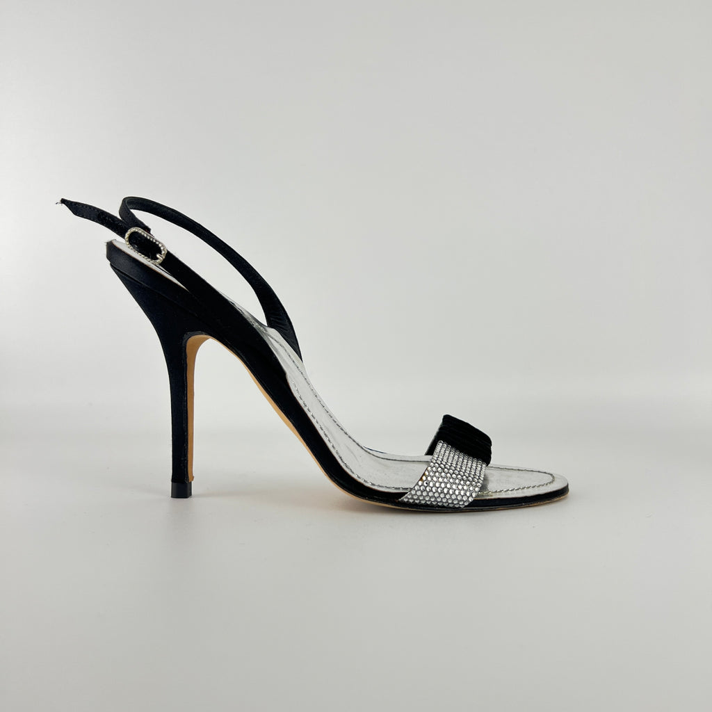 Rene Caovilla | Vintage Black Satin Velvet Crystal Strap Slingback Heel (38.5)