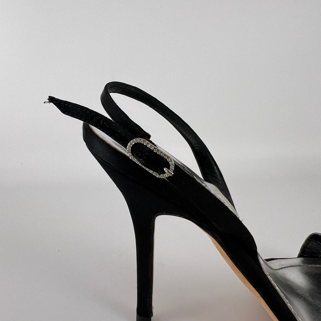 Rene Caovilla | Vintage Black Satin Velvet Crystal Strap Slingback Heel (38.5)
