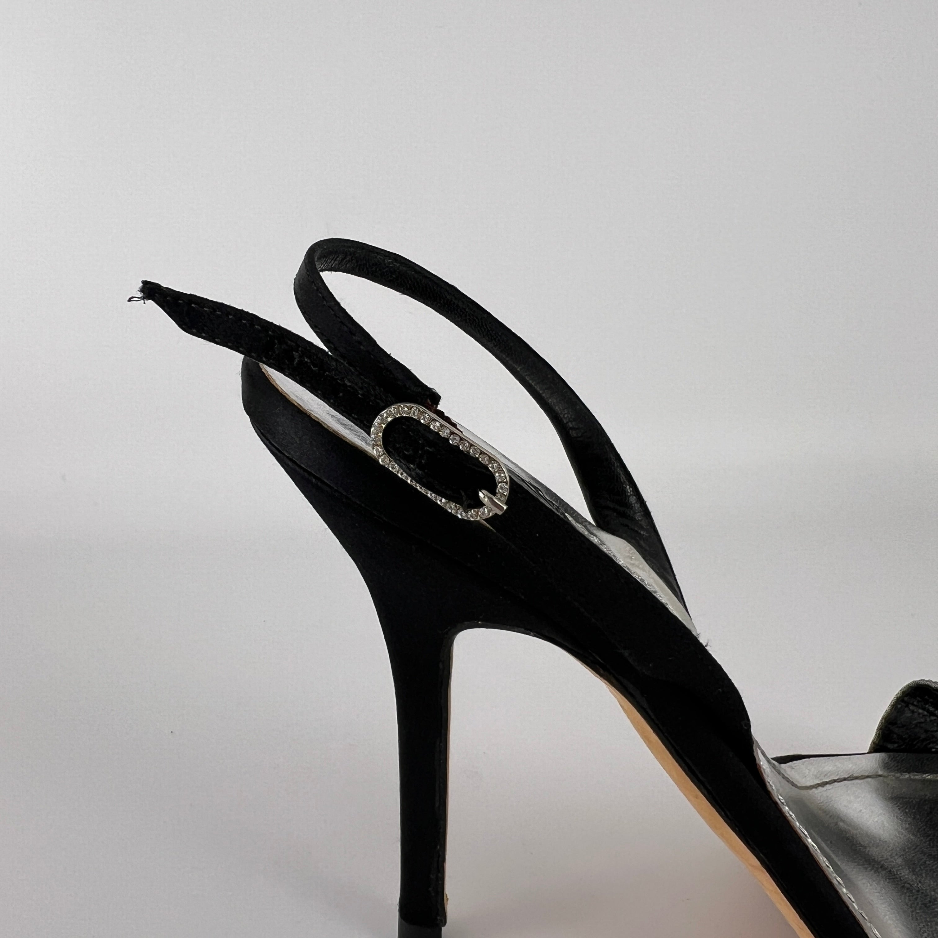 Rene Caovilla | Vintage Black Satin Velvet Crystal Strap Slingback Heel (38.5)