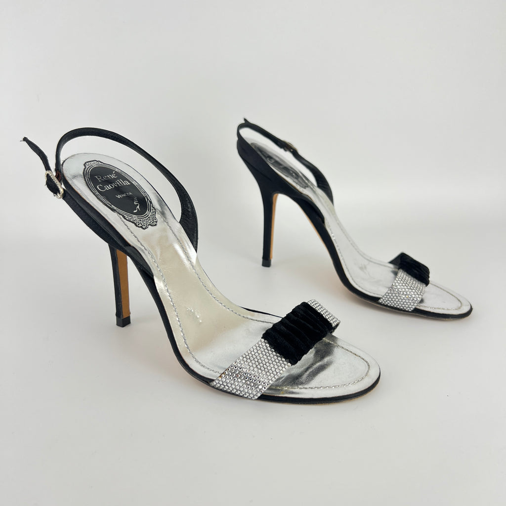 Rene Caovilla | Vintage Black Satin Velvet Crystal Strap Slingback Heel (38.5)