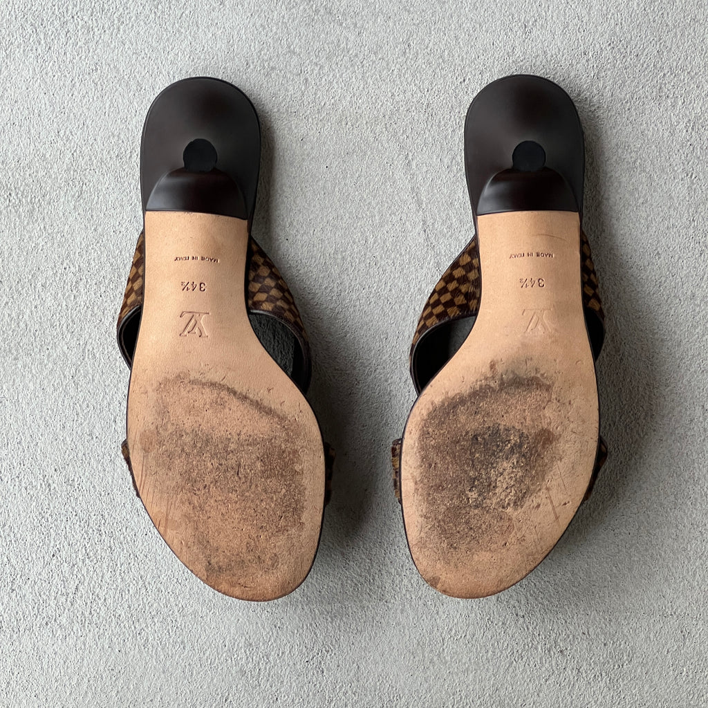 Louis Vuitton | Damier Calf Hair Knot Strap Mid Heel Slide Mules (34.5)