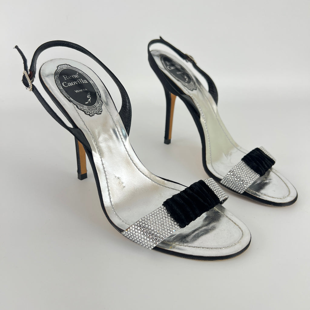 Rene Caovilla | Vintage Black Satin Velvet Crystal Strap Slingback Heel (38.5)