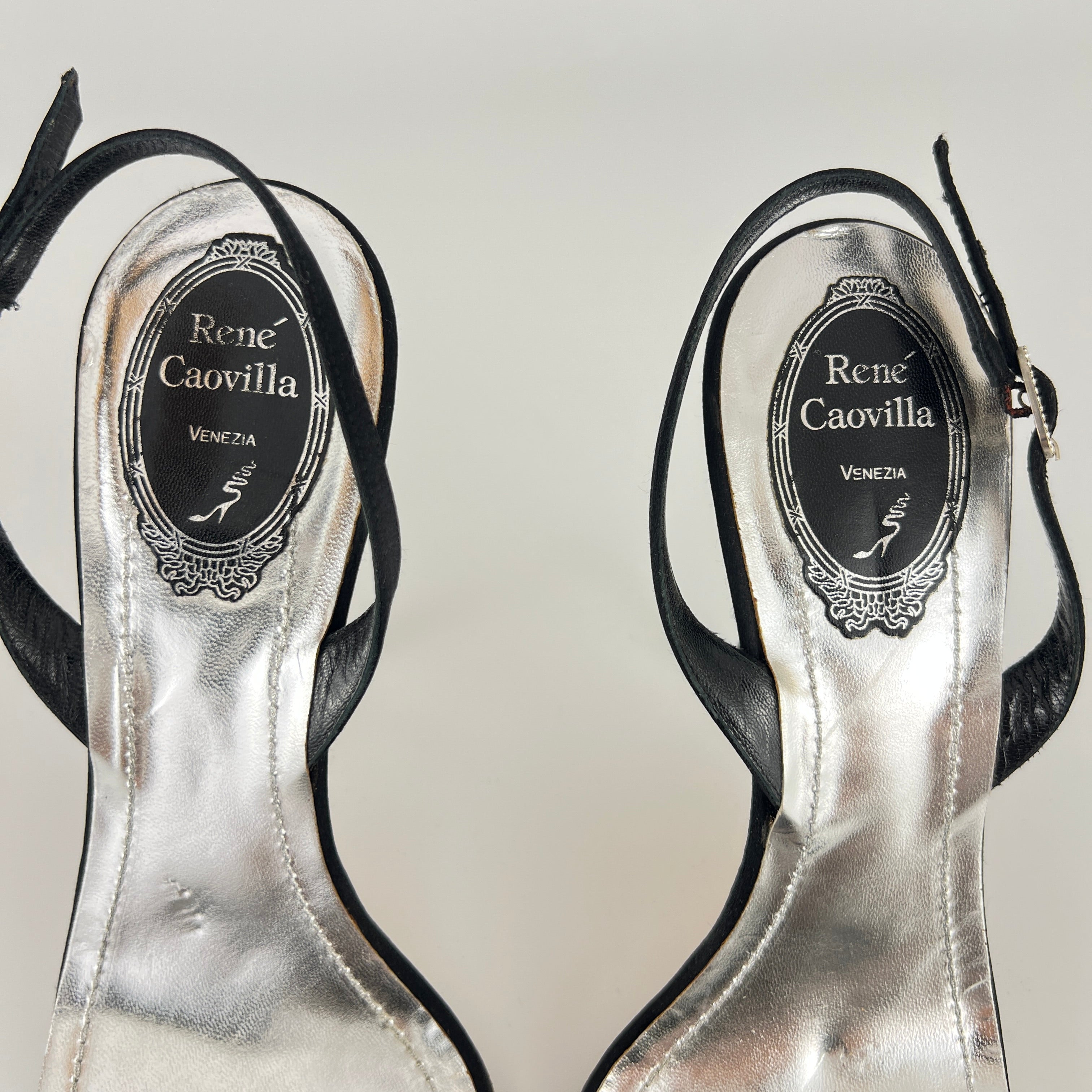Rene Caovilla | Vintage Black Satin Velvet Crystal Strap Slingback Heel (38.5)