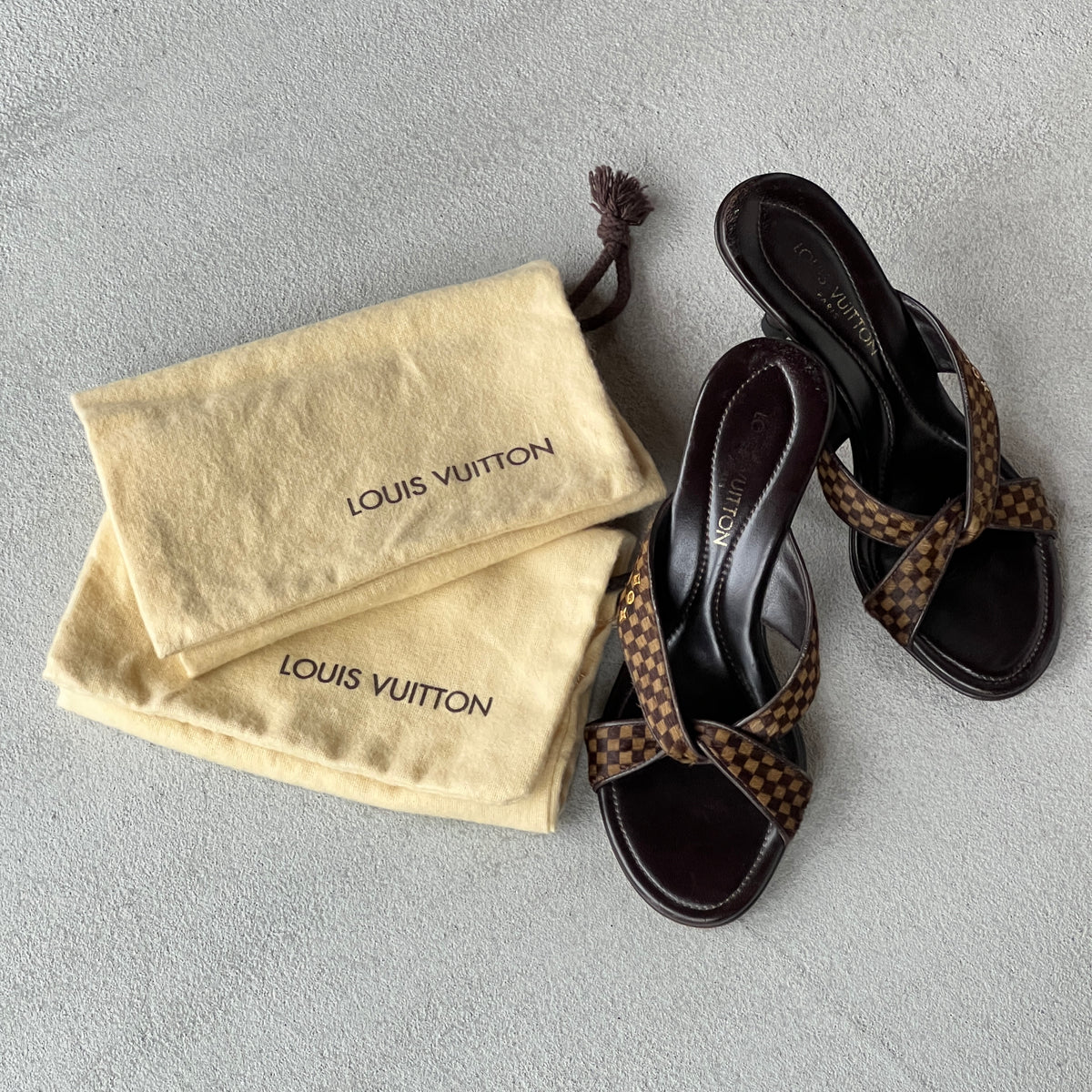 Louis Vuitton | Damier Calf Hair Knot Strap Mid Heel Slide Mules (34.5)