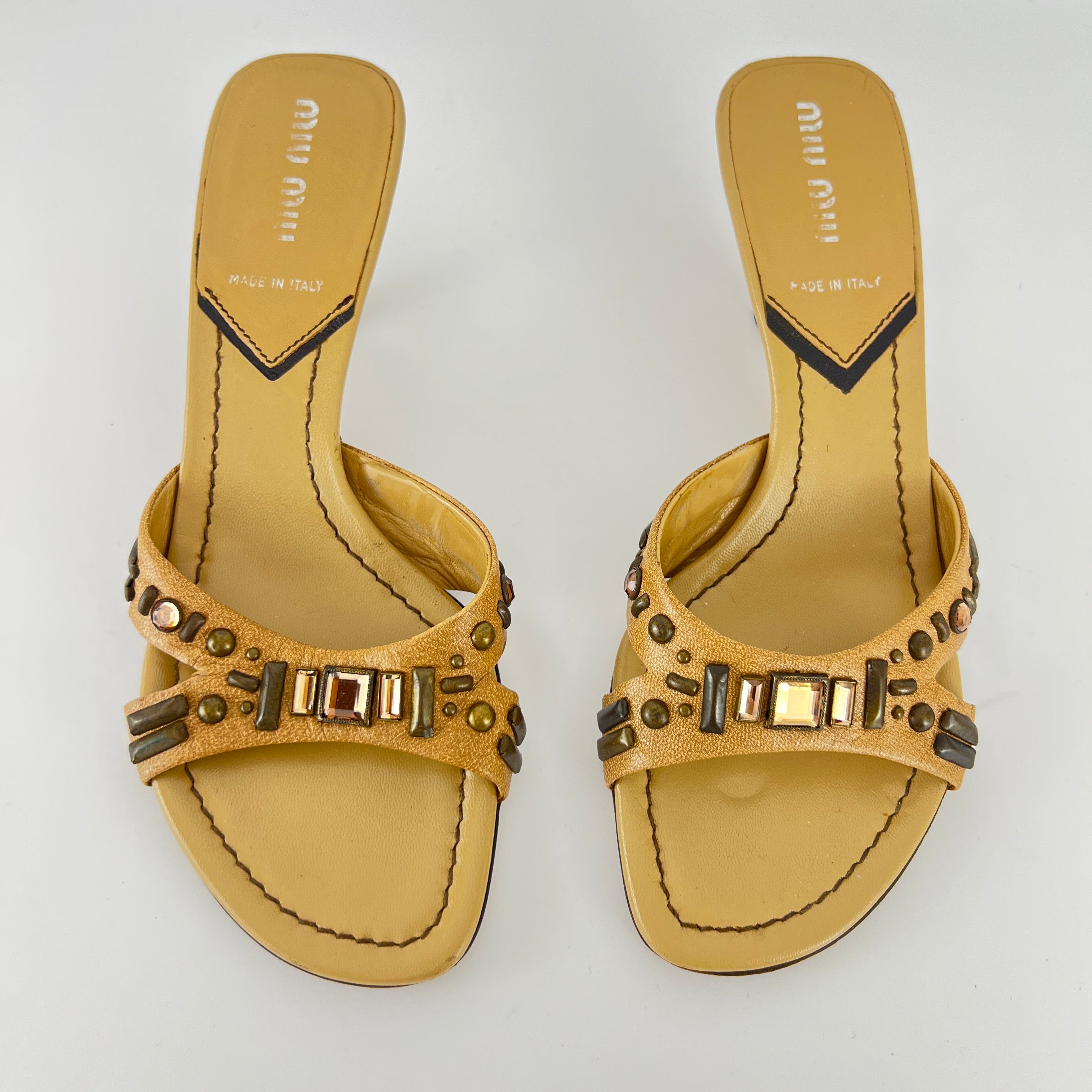 Miu Miu | Beige Tan Leather Metallic Stud Gem Kitten Heel Slide Mules (35)